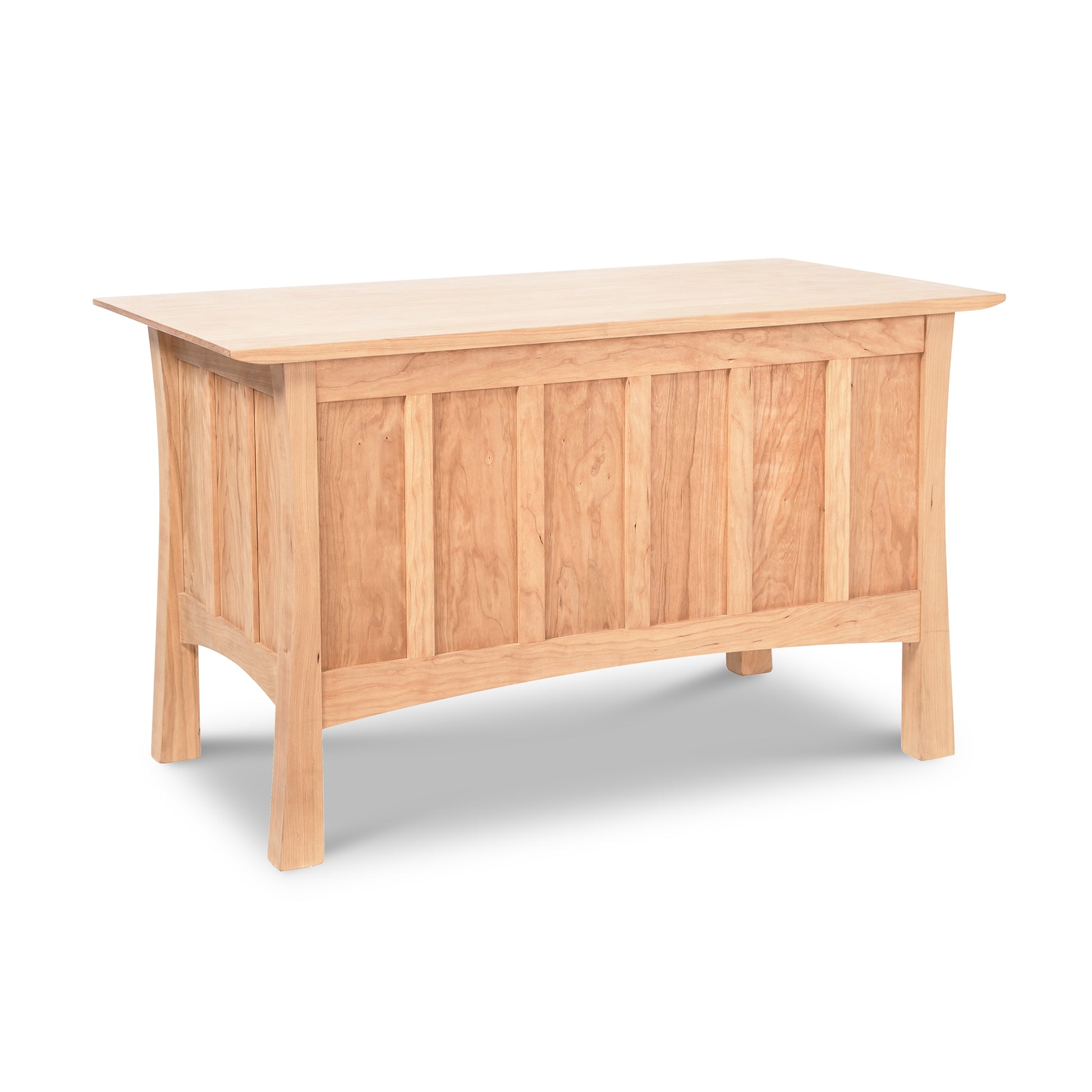 A Vermont Furniture Designs Contemporary Craftsman Blanket Chest with a hinged lid, featuring panel detailing and a light natural finish, isolated on a white background.