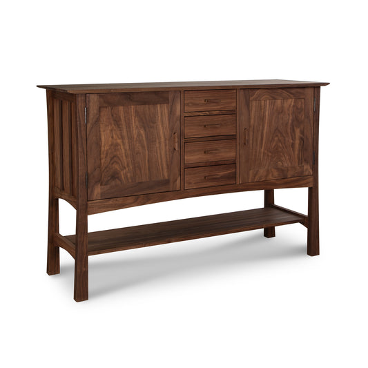 Contemporary Craftsman Huntboard in Walnut by Vermont Furniture Designs, featuring two cabinets, four drawers, and a lower shelf; crafted from solid wood with an eco-friendly oil finish and rich dark walnut stain.