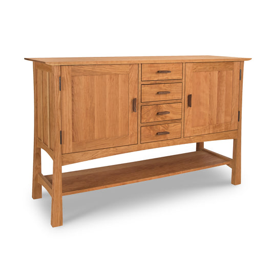 This exquisite Vermont Furniture Designs Contemporary Craftsman Huntboard showcases meticulous craftsmanship, featuring two spacious drawers and two stylishly designed doors. An ideal piece of dining storage or a versatile huntboard option.