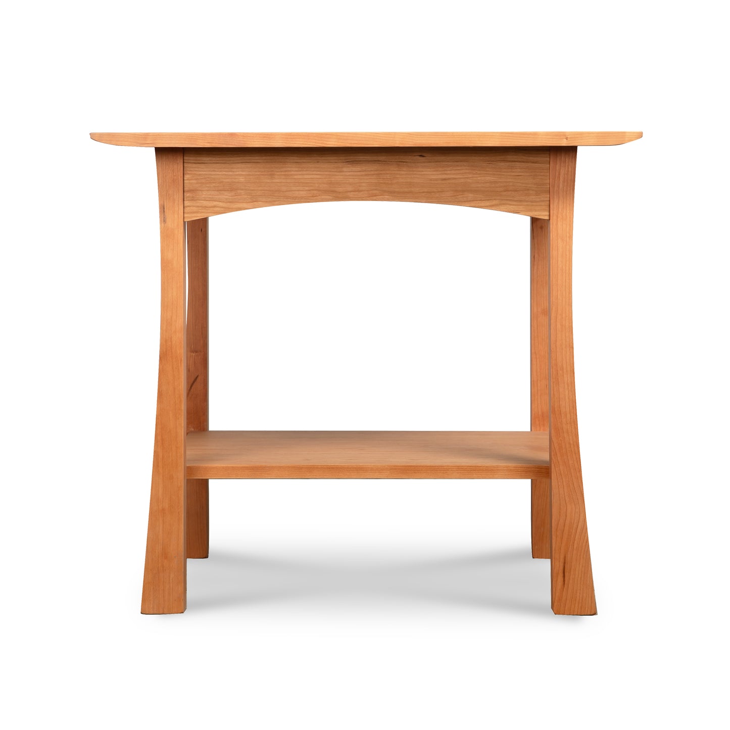 Vermont Contemporary Craftsman Lamp Table with rectangular top, curved legs, and lower shelf crafted in solid wood, American made furniture.