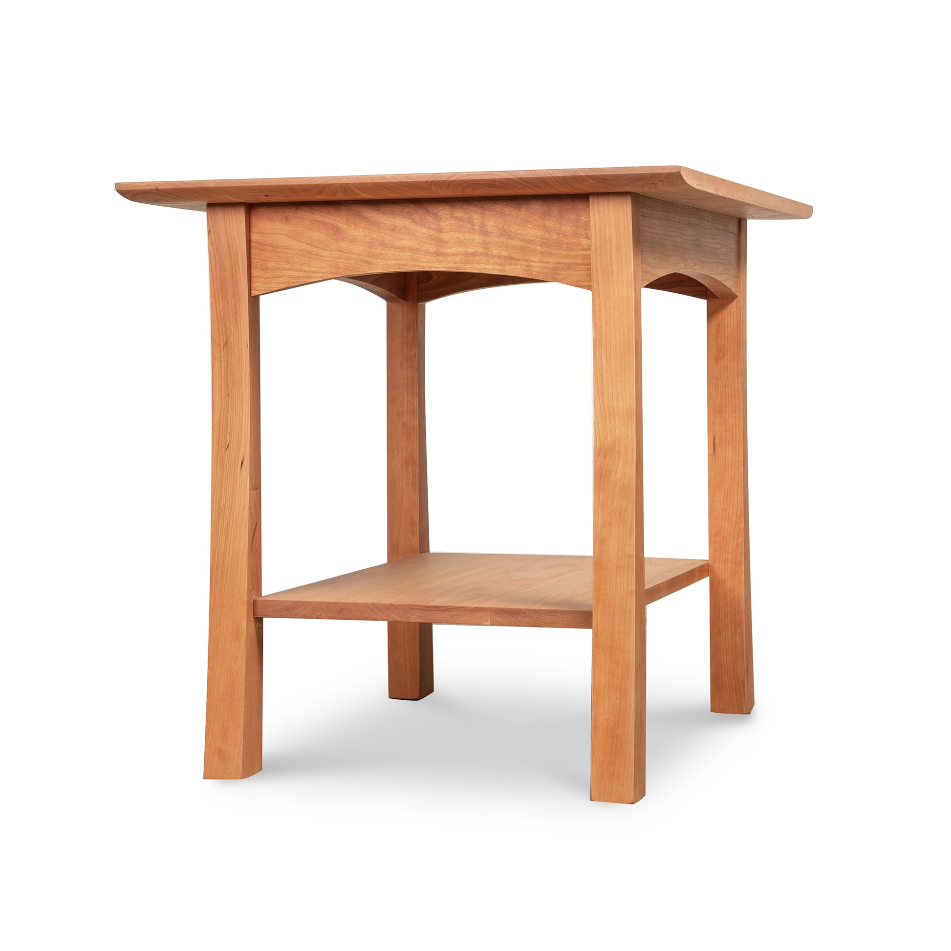 Vermont Furniture Designs Contemporary Craftsman Lamp Table with four legs, lower shelf, and flat top, crafted in solid wood.