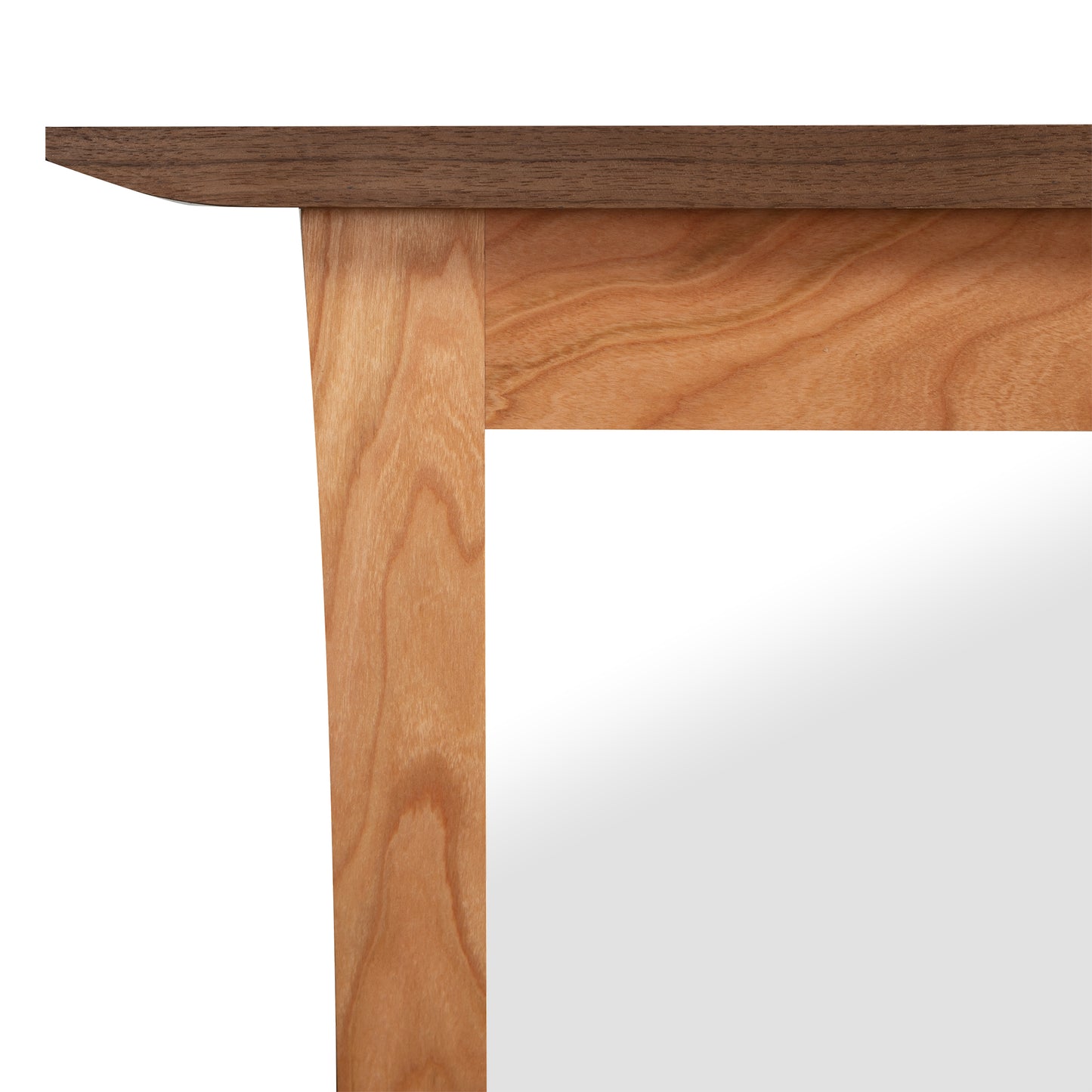 Close-up of the top left corner of the Contemporary Craftsman Mirror, highlighting smooth American hardwood and distinct grain craftsmanship.
