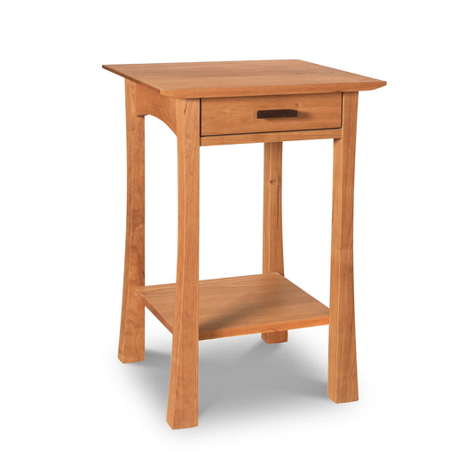 An Contemporary Craftsman 1-Drawer Open Shelf Nightstand with a small wooden table and a drawer on top. (Brand Name: Vermont Furniture Designs)
