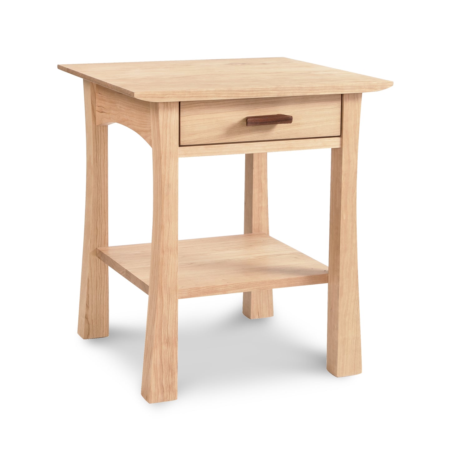 Contemporary Craftsman Nightstand from Vermont Furniture Designs, featuring a natural finish, Arts & Crafts style with a drawer, lower shelf, and elegantly curved legs.