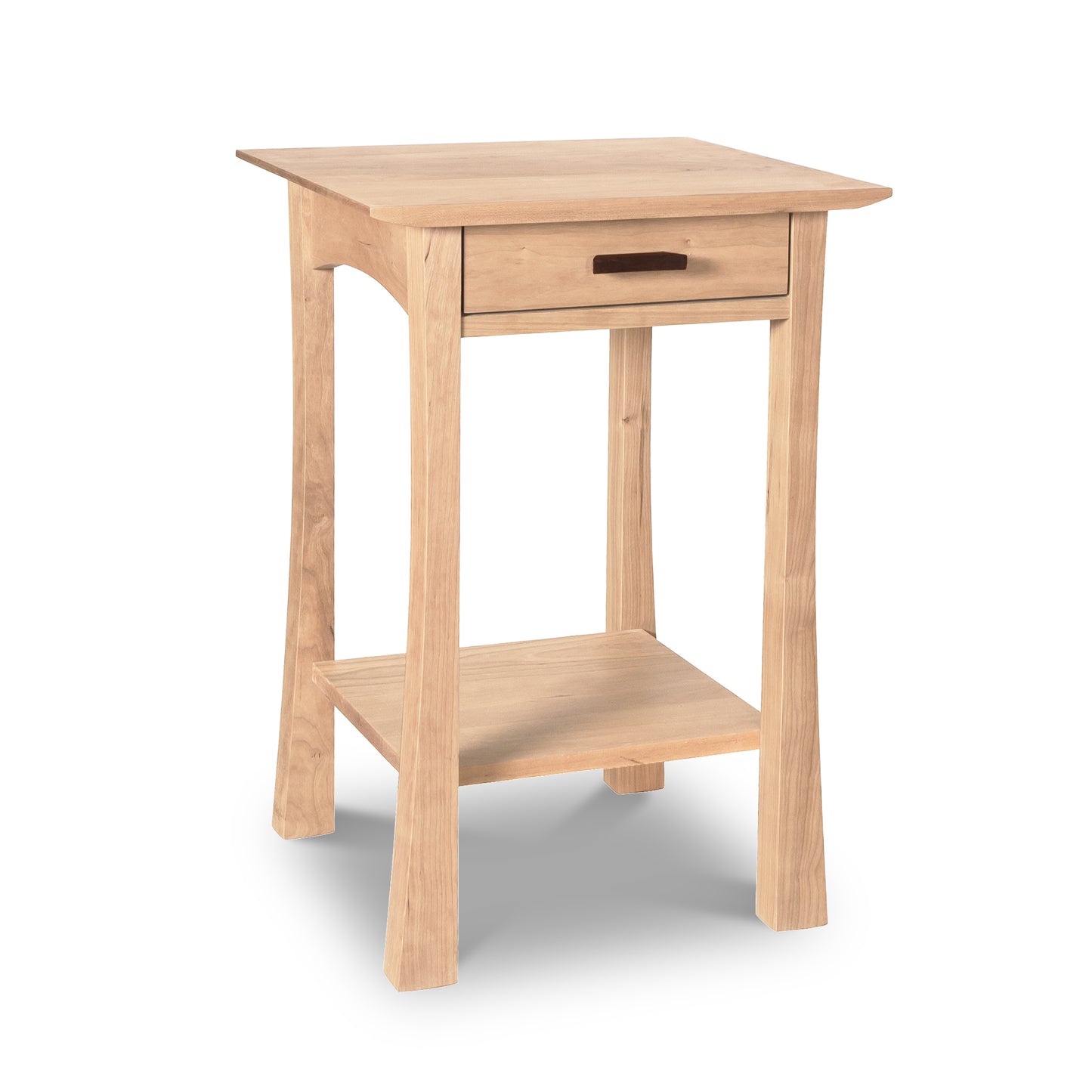 Contemporary Craftsman Nightstand featuring a drawer, lower shelf, four legs, crafted from light Vermont hardwood by Vermont Furniture Designs.