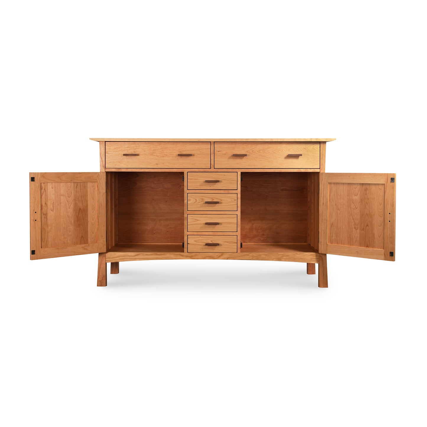 Contemporary Craftsman Sideboard by Vermont Furniture Designs with open doors and drawers, showcasing handcrafted, American-made wood construction.