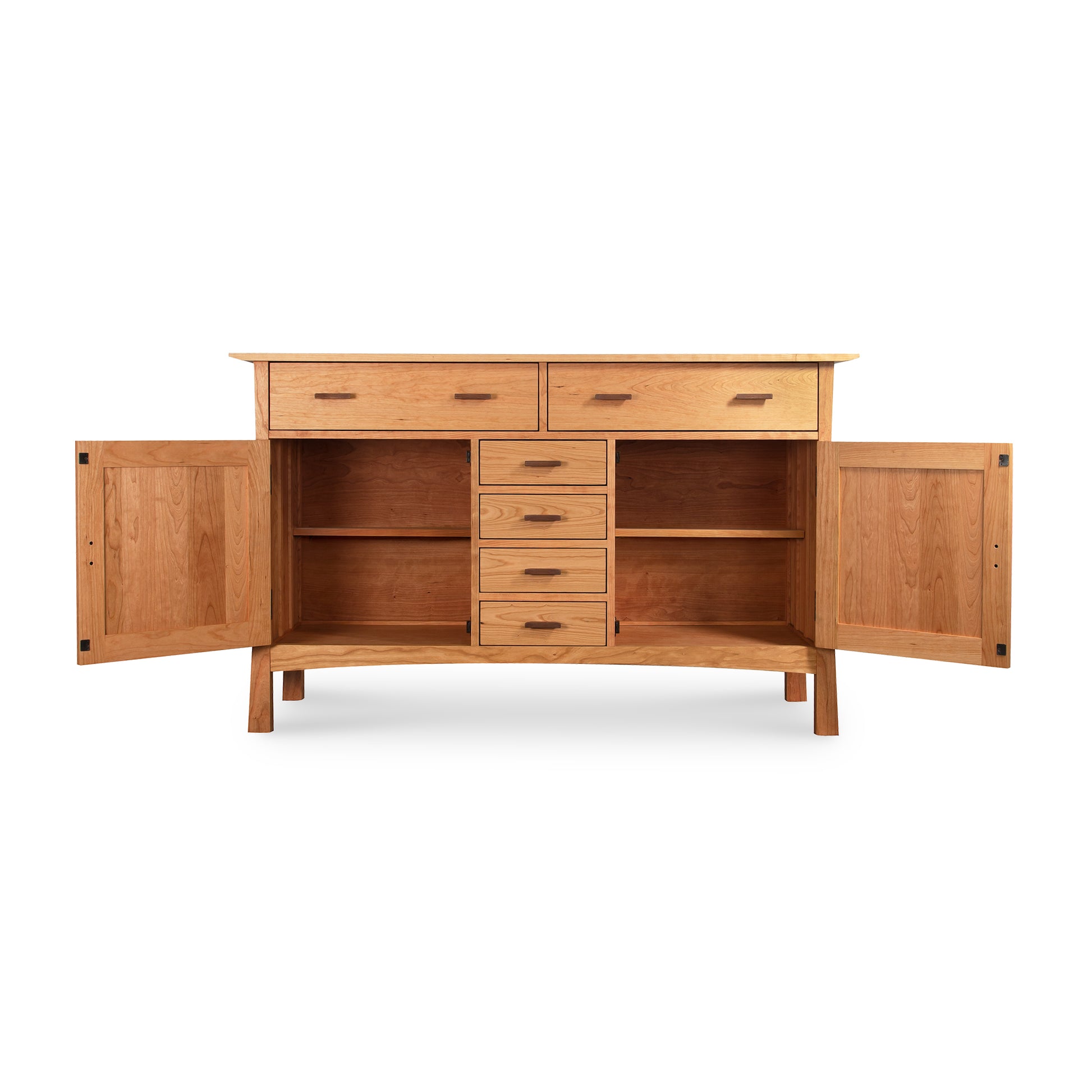 Contemporary Craftsman Sideboard by Vermont Furniture Designs featuring open doors and drawers, showcasing spacious interior storage shelves.