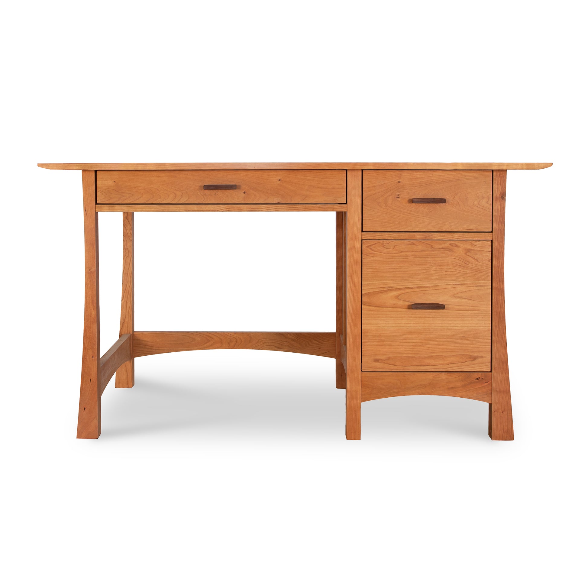 A Vermont Furniture Designs Contemporary Craftsman Study Desk made of solid wood, featuring a drawer and two additional drawers.