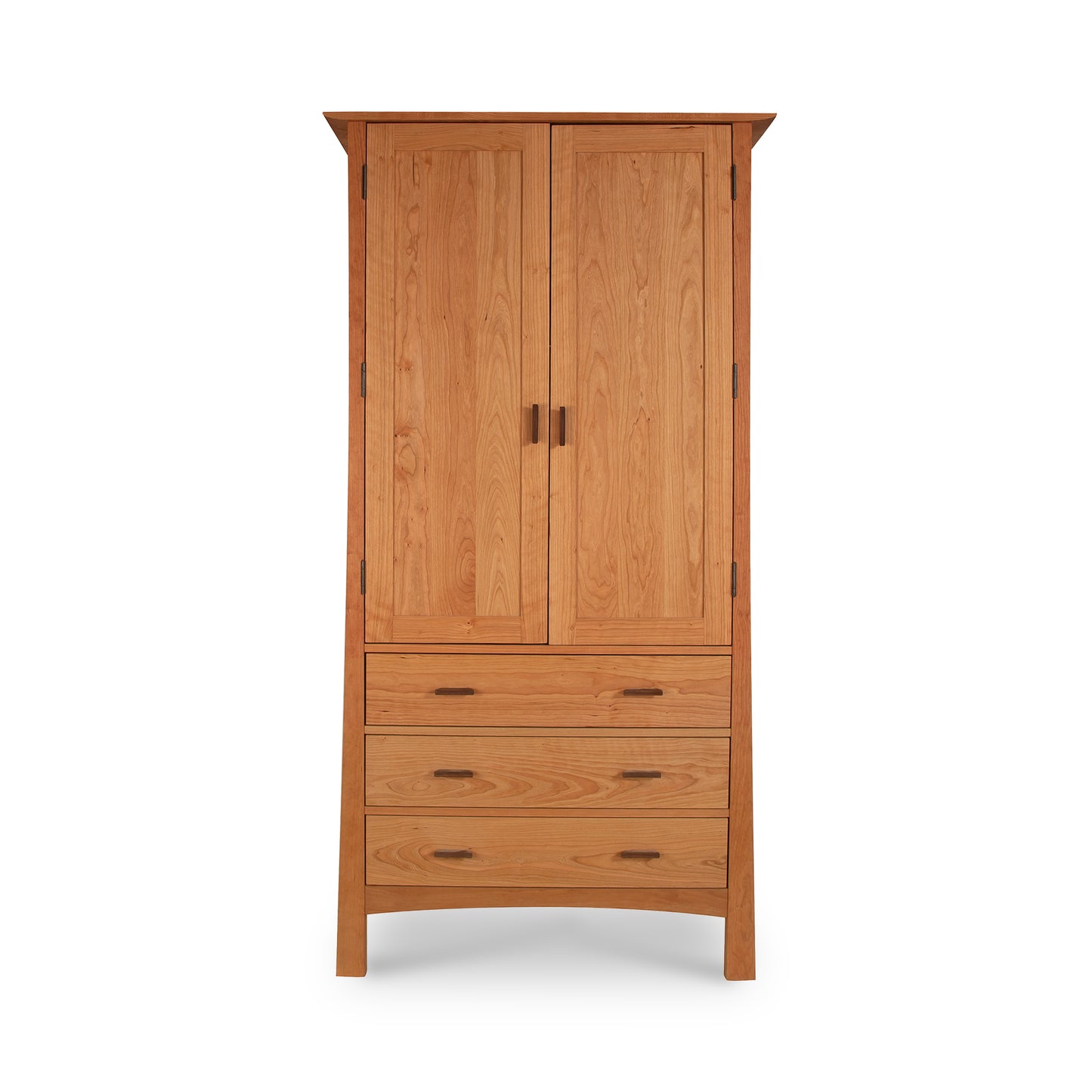 Sentence with product replaced: A Vermont Furniture Designs Contemporary Craftsman Tall Armoire with two doors above and three drawers below, against a white background.