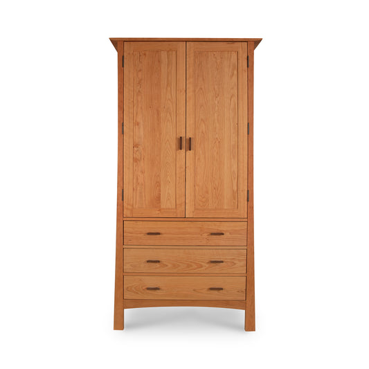 Contemporary Craftsman Tall Armoire by Vermont Furniture Designs with two doors, three drawers, and modern metal handles, American-made hardwood furniture.
