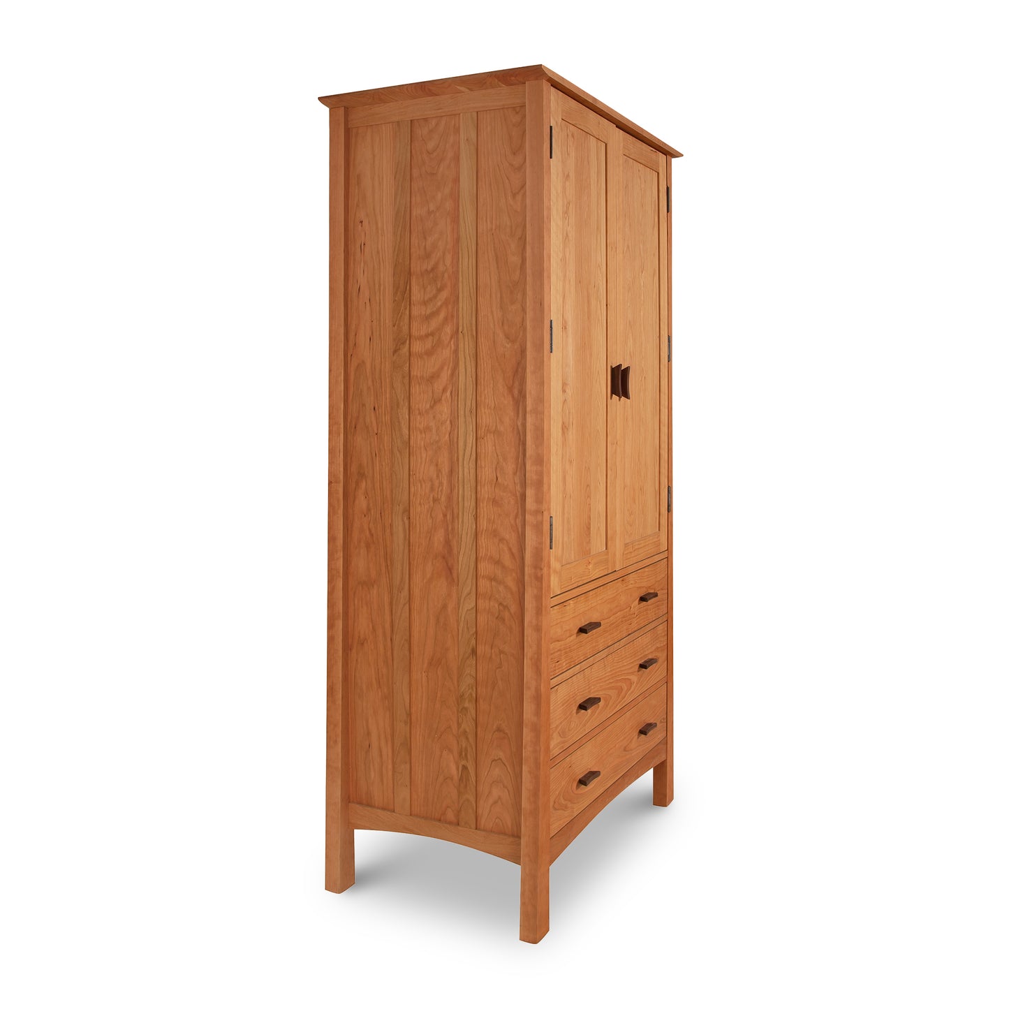 Vermont Furniture Designs Contemporary Craftsman Tall Armoire with a cabinet door on top and three drawers below, isolated on a white background.