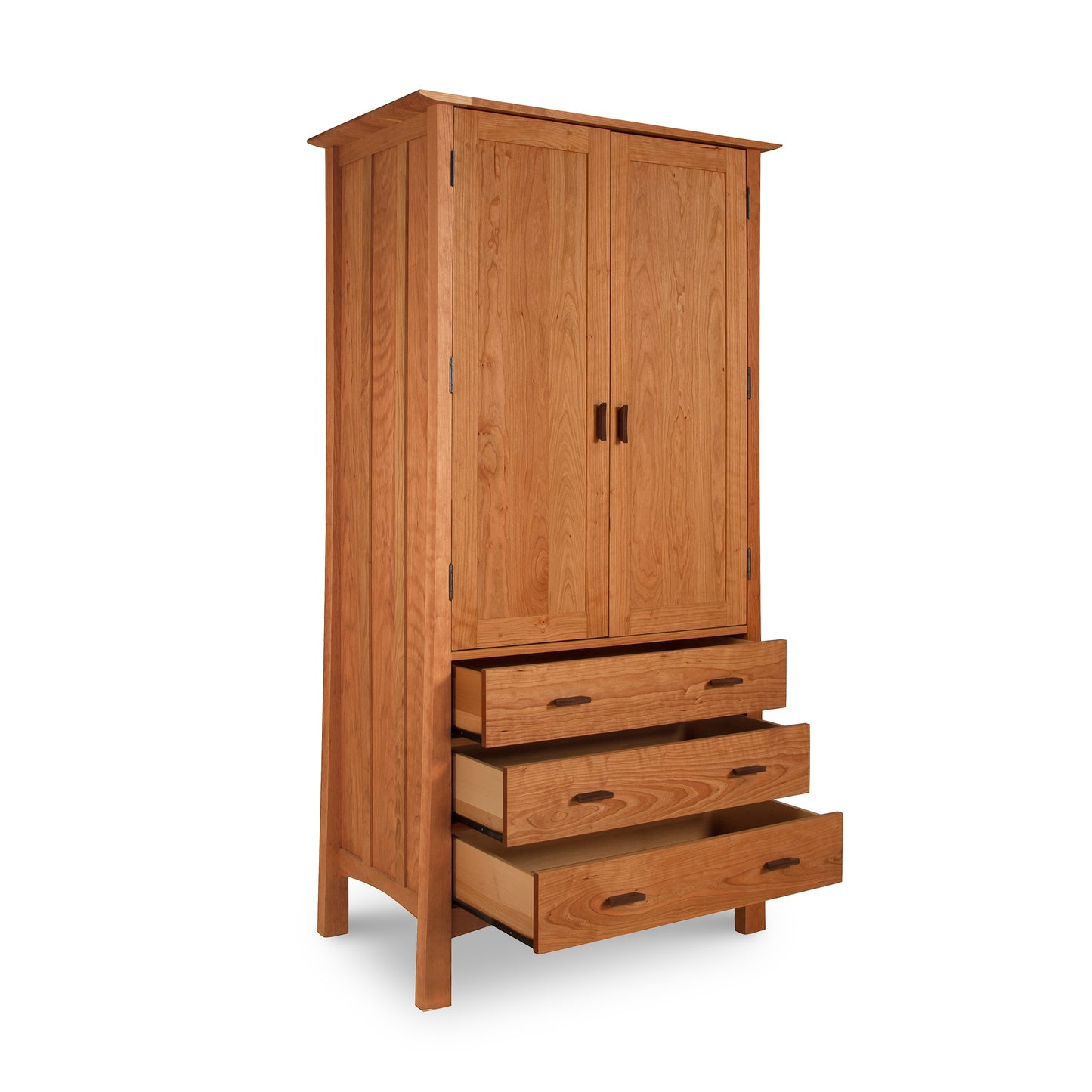 Contemporary Craftsman Tall Armoire by Vermont Furniture Designs, with three open drawers on a white background, showcasing Vermont craftsmanship.