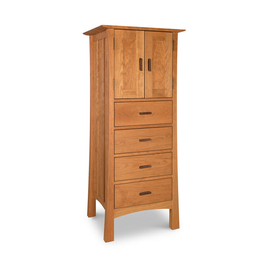 A Contemporary Craftsman Tall Storage Chest with a cabinet at the top and four drawers beneath, isolated against a white background. Designed by Vermont Furniture Designs.