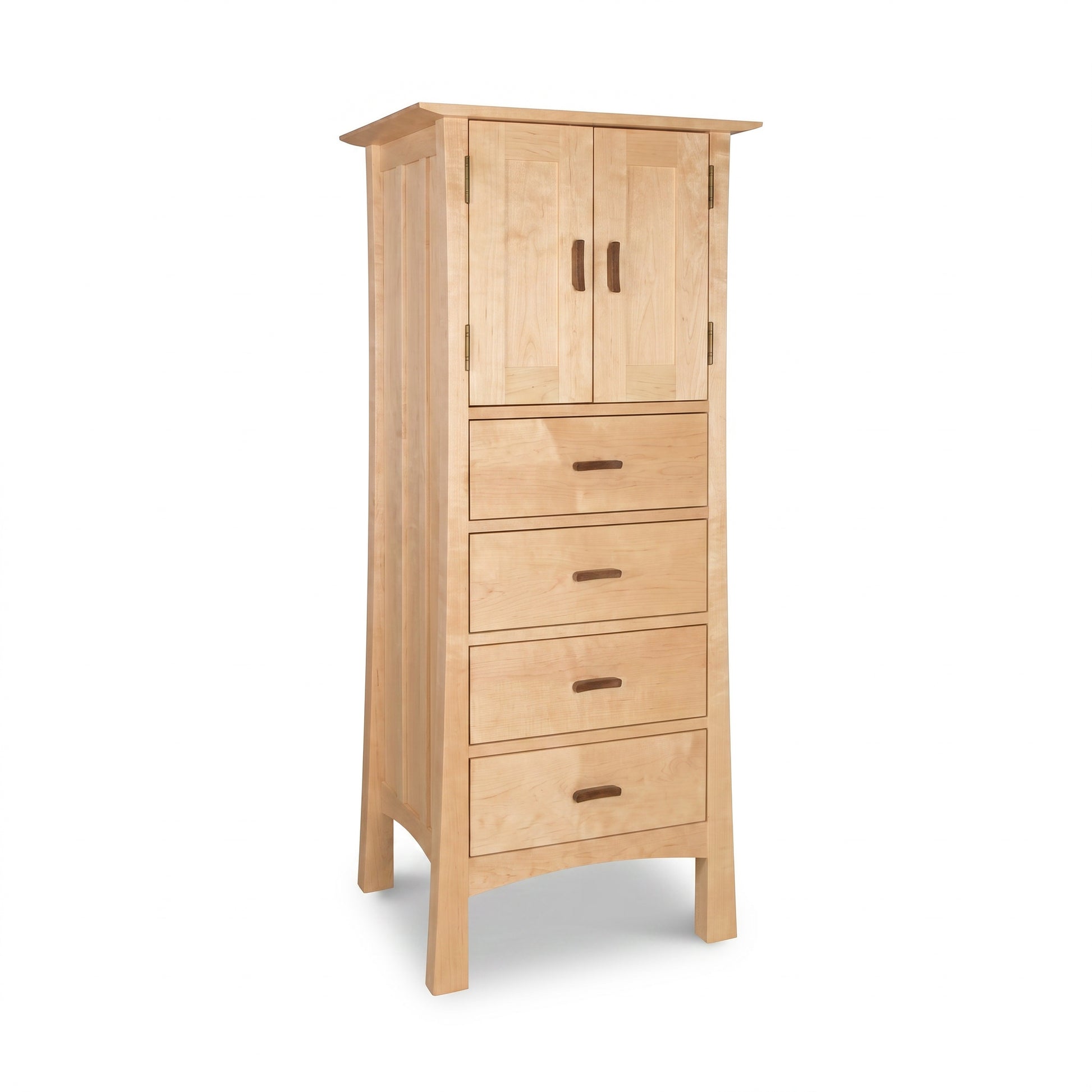Contemporary Craftsman tall storage chest by Vermont Furniture Designs, 4-drawer solid wood dresser, handcrafted in Vermont, elegant and functional.