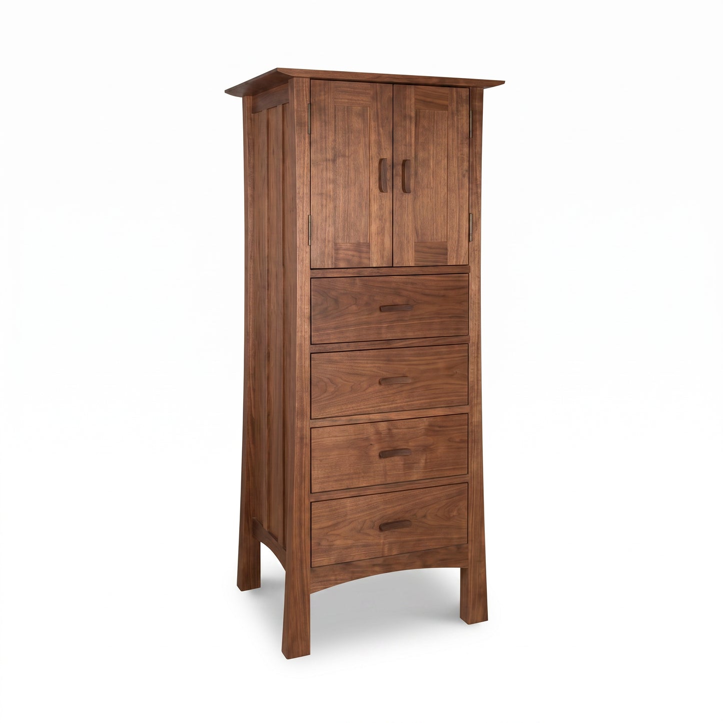 Contemporary Craftsman Tall Storage Chest by Vermont Furniture Designs in dark wood, featuring four drawers and a cabinet for modern bedroom storage.