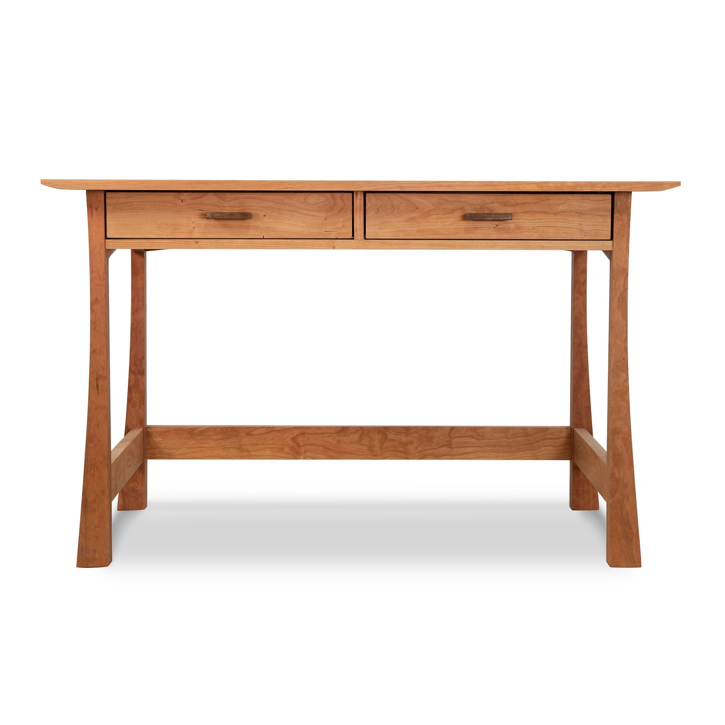 A Vermont Furniture Designs Contemporary Craftsman Writing Desk with two drawers and slanted legs, featuring an eco-friendly oil finish, isolated on a white background.