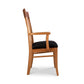 Side view of a handcrafted Vermont Woods Studios Contemporary Shaker Chair with a black cushioned seat, featuring a straight backrest and armrest, isolated on a white background.