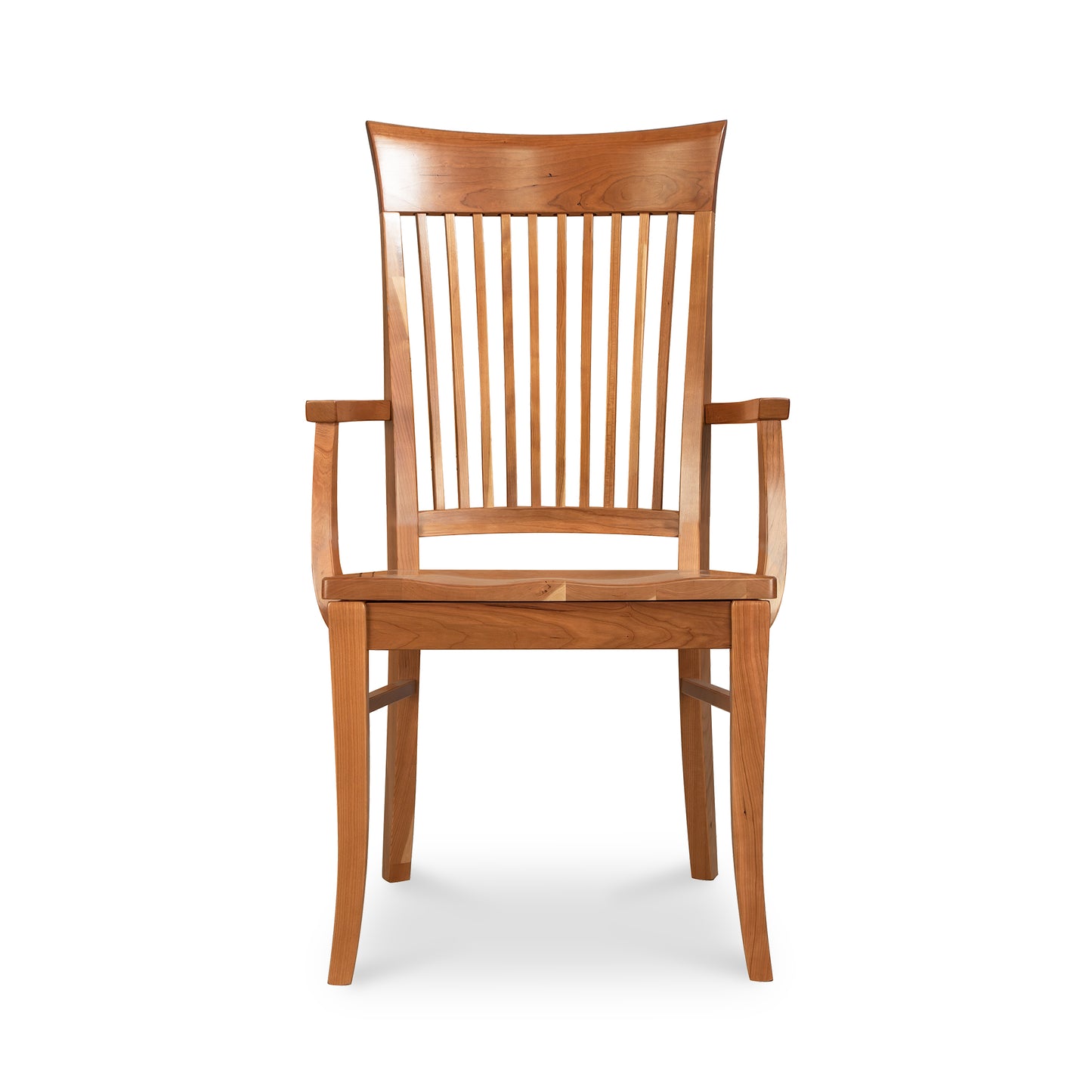 A wooden chair with slats on a white background.