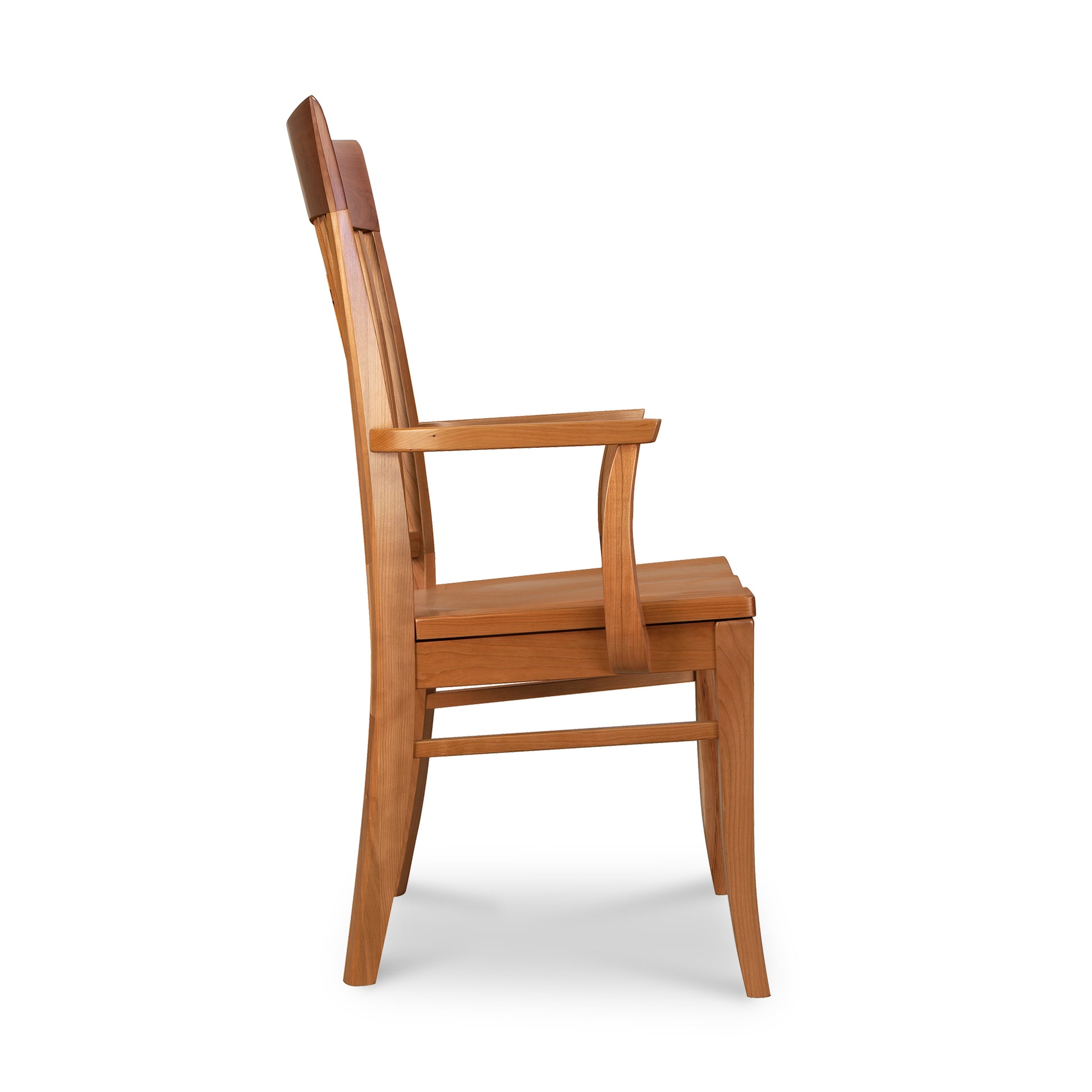 A wooden chair with a wooden seat and back.