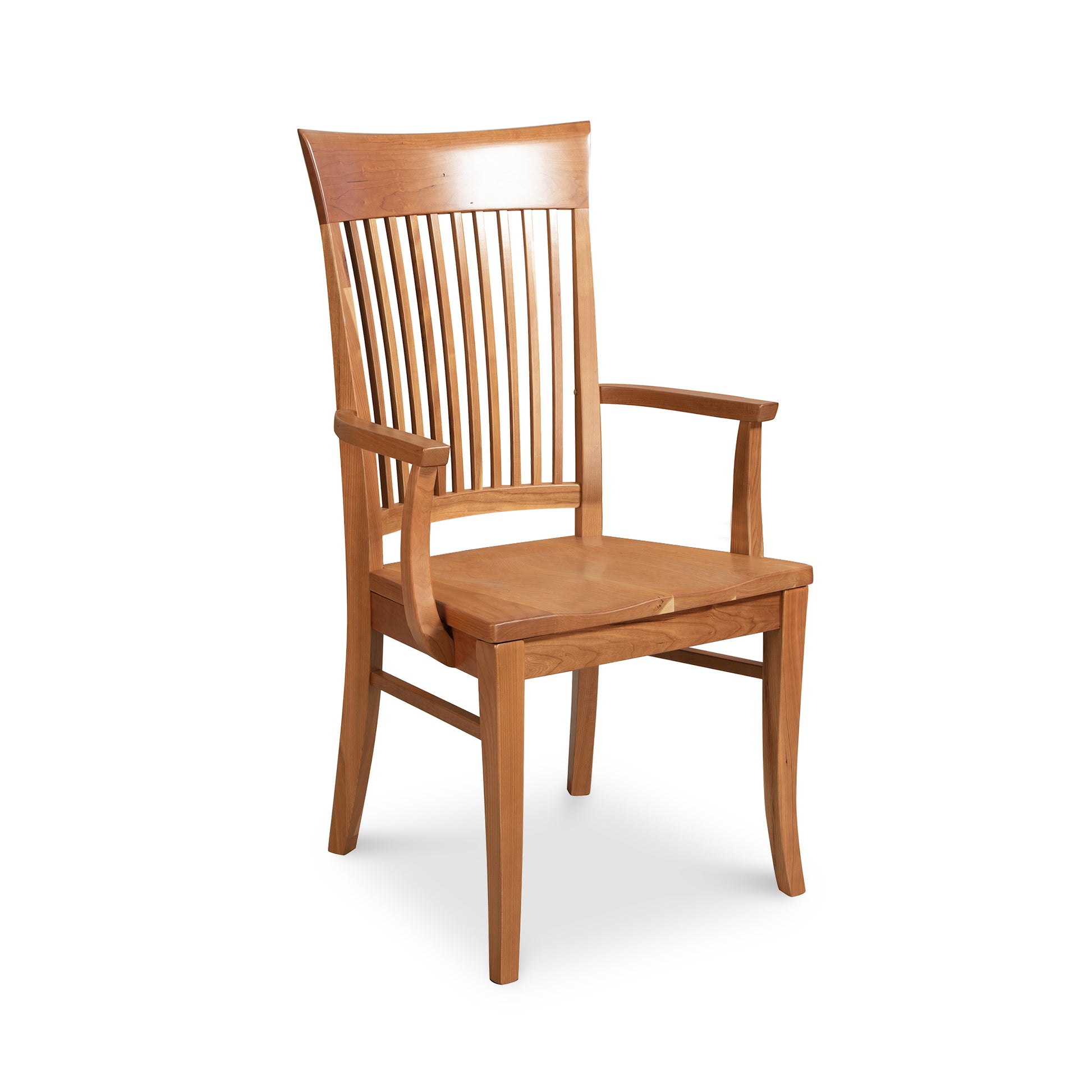 A Vermont Woods Studios contemporary Shaker chair with arms, featuring a tall, slatted back and a scooped wooden seat, isolated on a white background.