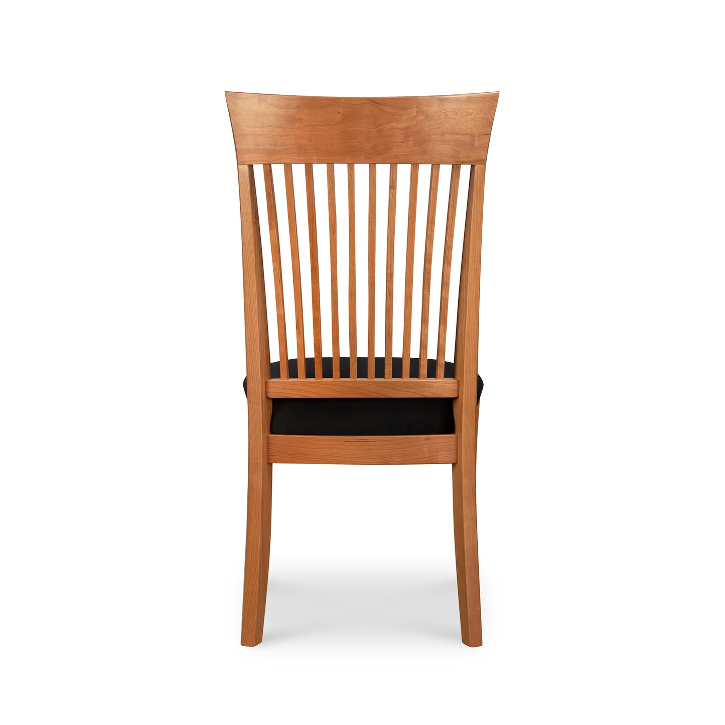 A Vermont Woods Studios contemporary Shaker chair with a tall, slatted back and a dark seat cushion, isolated on a white background.