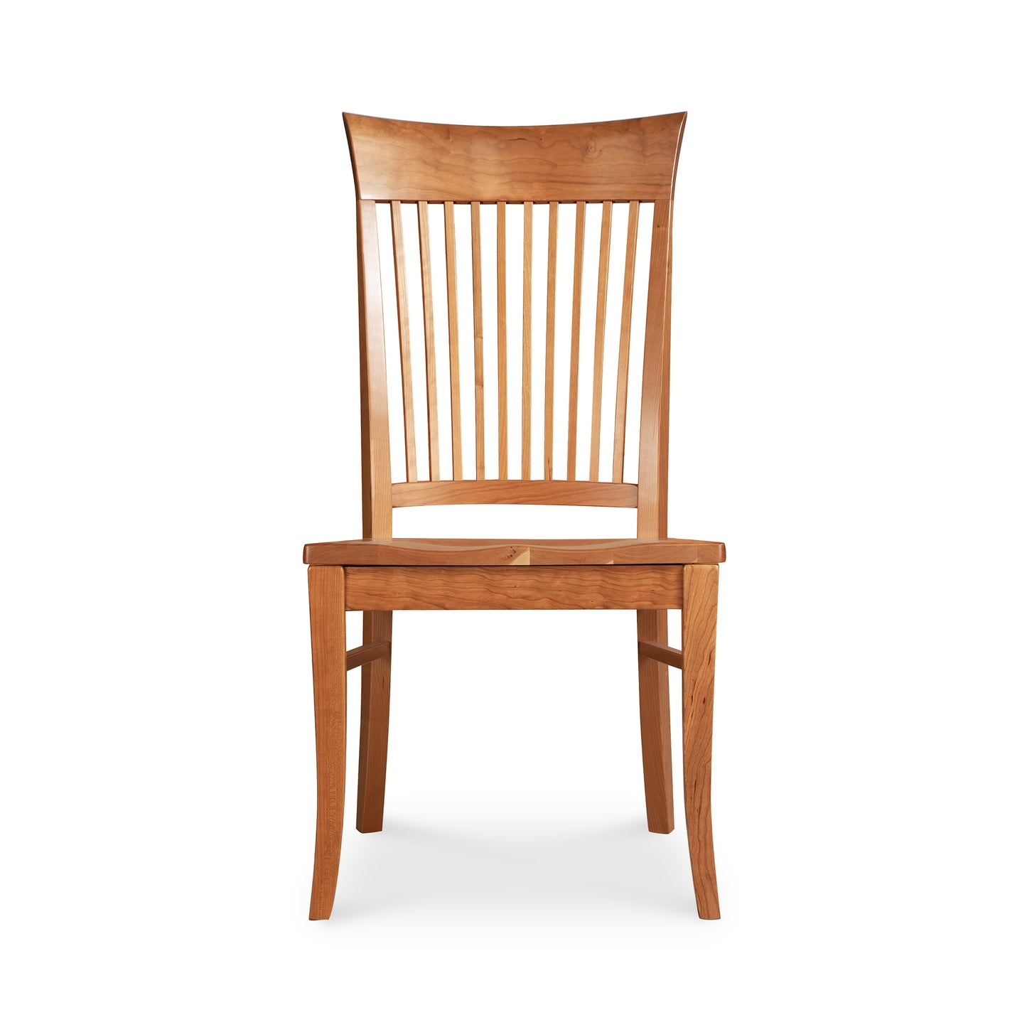 A Vermont Woods Studios Contemporary Shaker Chair with Wood Seat, with a tall, slatted backrest and a scooped wooden seat, standing on four legs against a white background.
