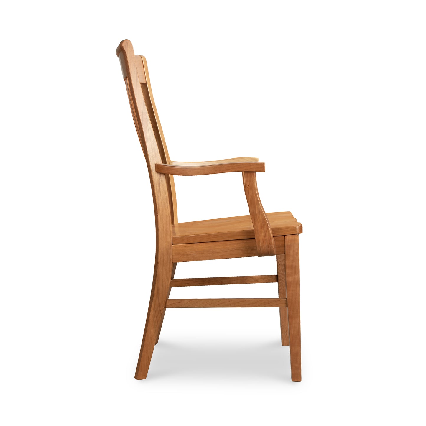 A wooden chair with a wooden seat and back.