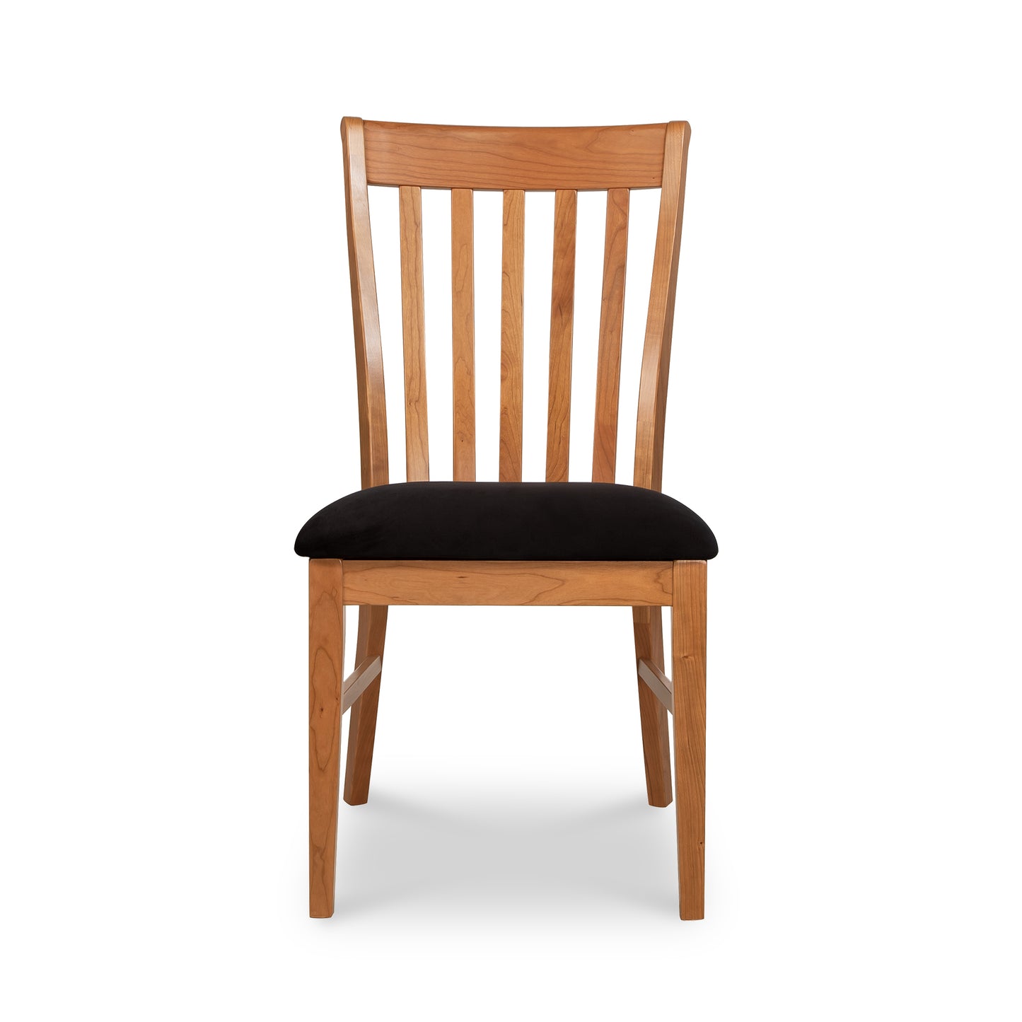 A Vermont Woods Studios Country Shaker Chair with a slatted back and a black upholstered seat cushion, isolated on a white background.