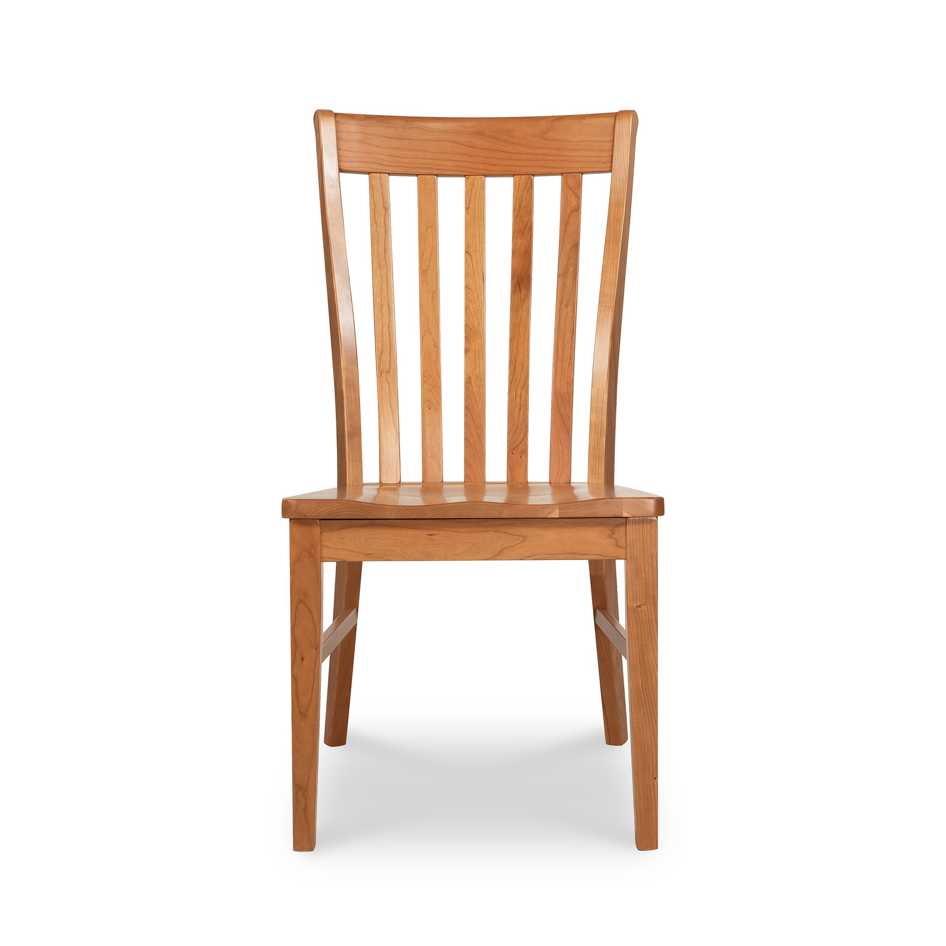 A Country Shaker Chair with Wood Seat from Vermont Woods Studios, featuring a high, slatted backrest and an ergonomic seat, isolated on a white background.