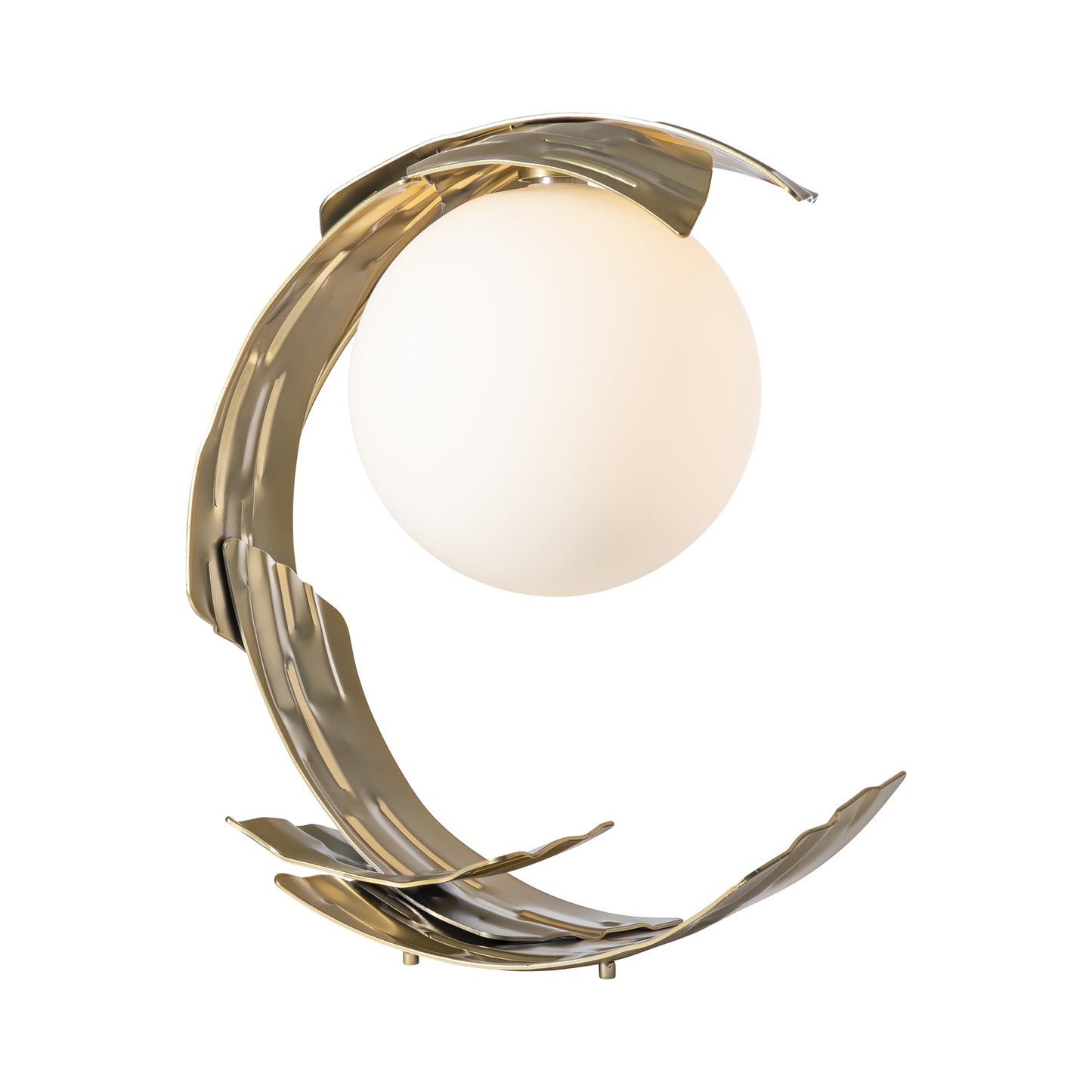 Crest Table Lamp with a sleek curved metallic frame in contemporary brass finish and glowing white spherical light.