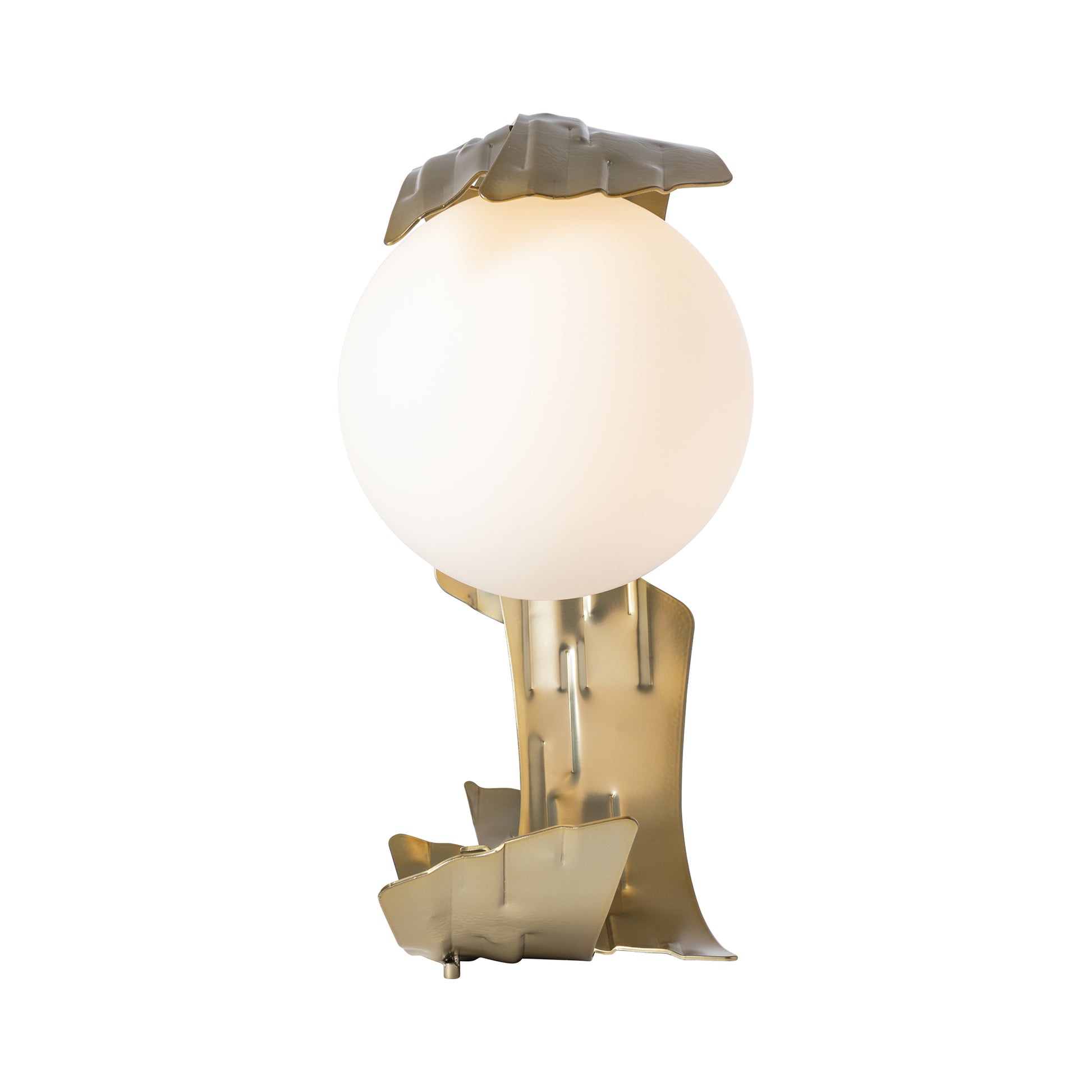 Modern Crest Table Lamp by Hubbardton Forge with a sculptural metallic base in sleek brass finish and a round, white globe.