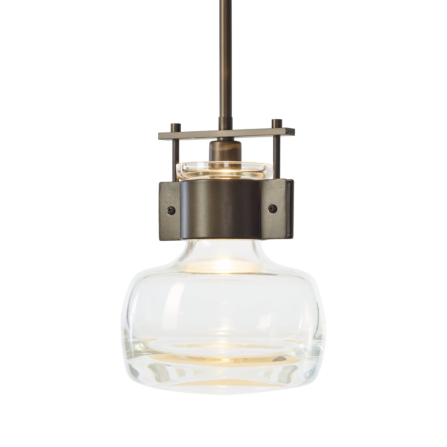 Cuff Large Mini Pendant by Hubbardton Forge, made with clear glass and hand-forged steel, highlights modern American craftsmanship in lighting design.