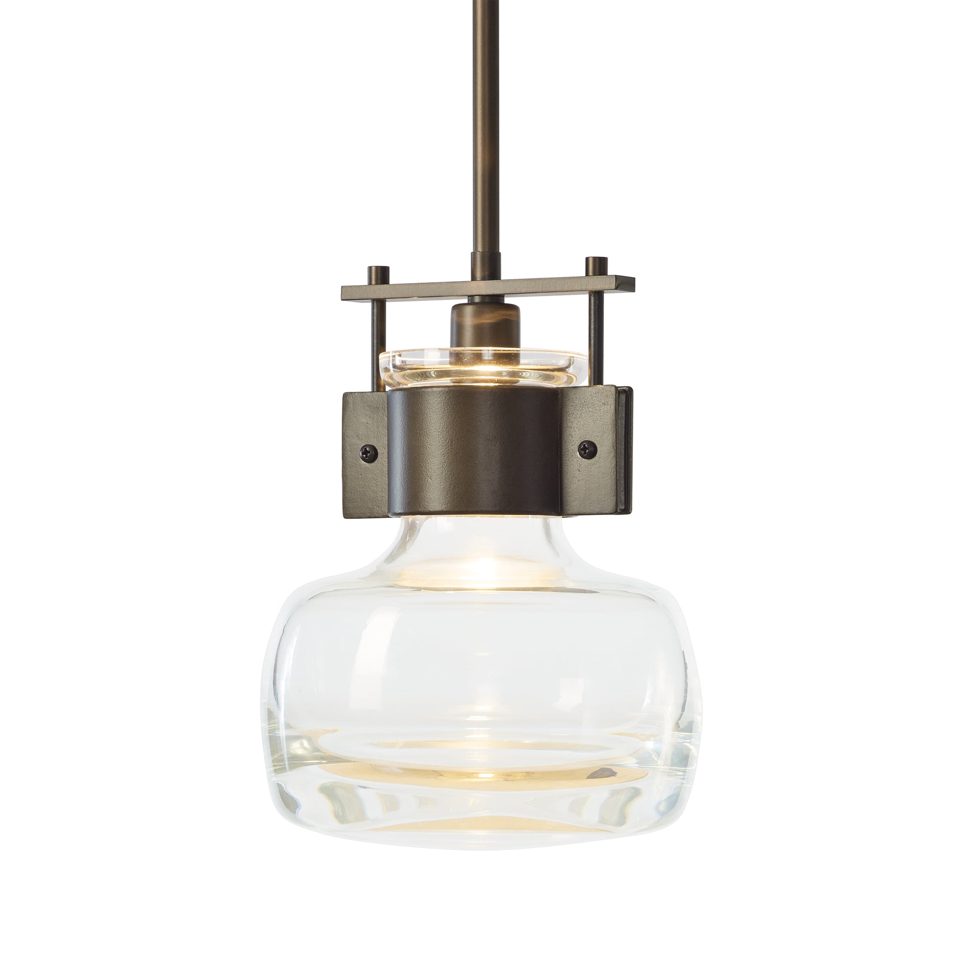 Cuff Large Mini Pendant by Hubbardton Forge, made with clear glass and hand-forged steel, highlights modern American craftsmanship in lighting design.