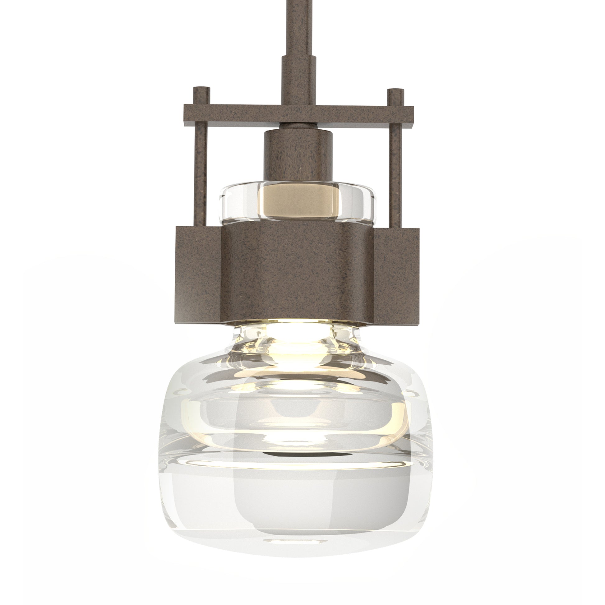 Hubbardton Forge Cuff Large Mini Pendant showcases handcrafted American metalwork and a clear glass shade, highlighting its quality and modern design.