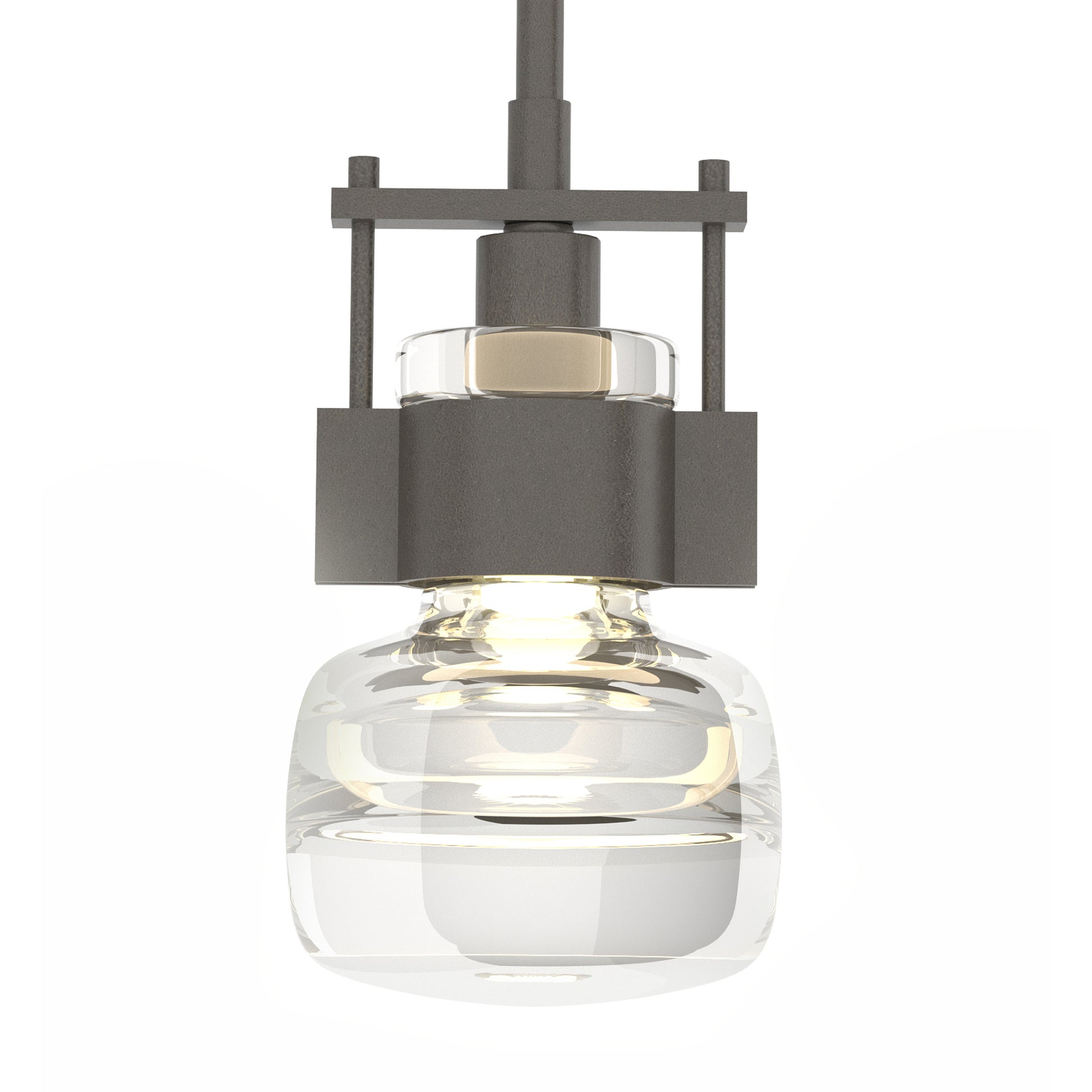 The Cuff Large Mini Pendant by Hubbardton Forge showcases a modern geometric black metal frame and clear glass bulb, artisan-crafted in Vermont.