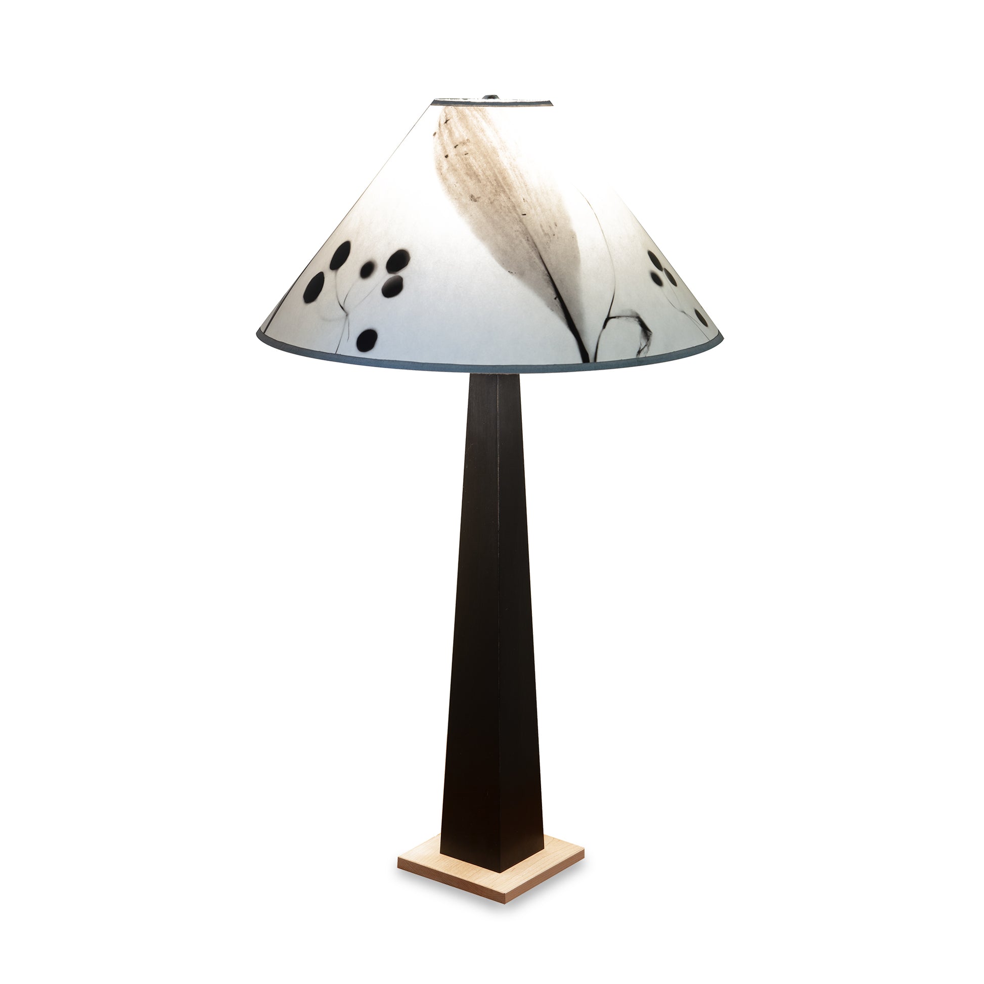 Dance of Life Table Lamp by Rock River Studio with handcrafted abstract cone-shaped shade, showcasing artisan woodwork and unique design.