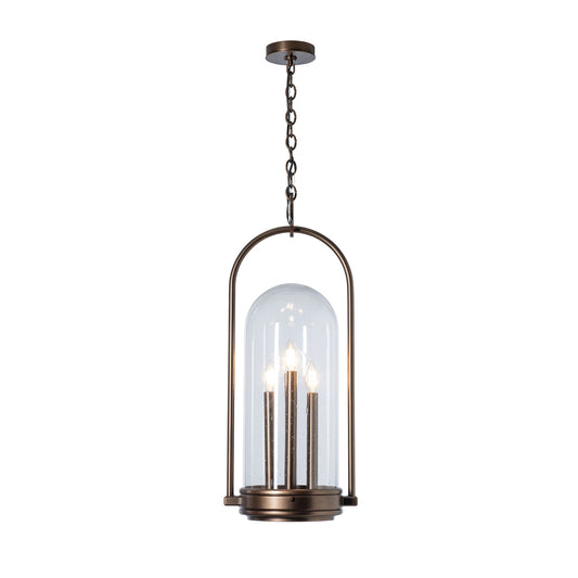 Davis Outdoor Lantern by Hubbardton Forge with bronze finish, clear seeded glass dome, and three exposed bulbs, showcasing elegant American-made craftsmanship.