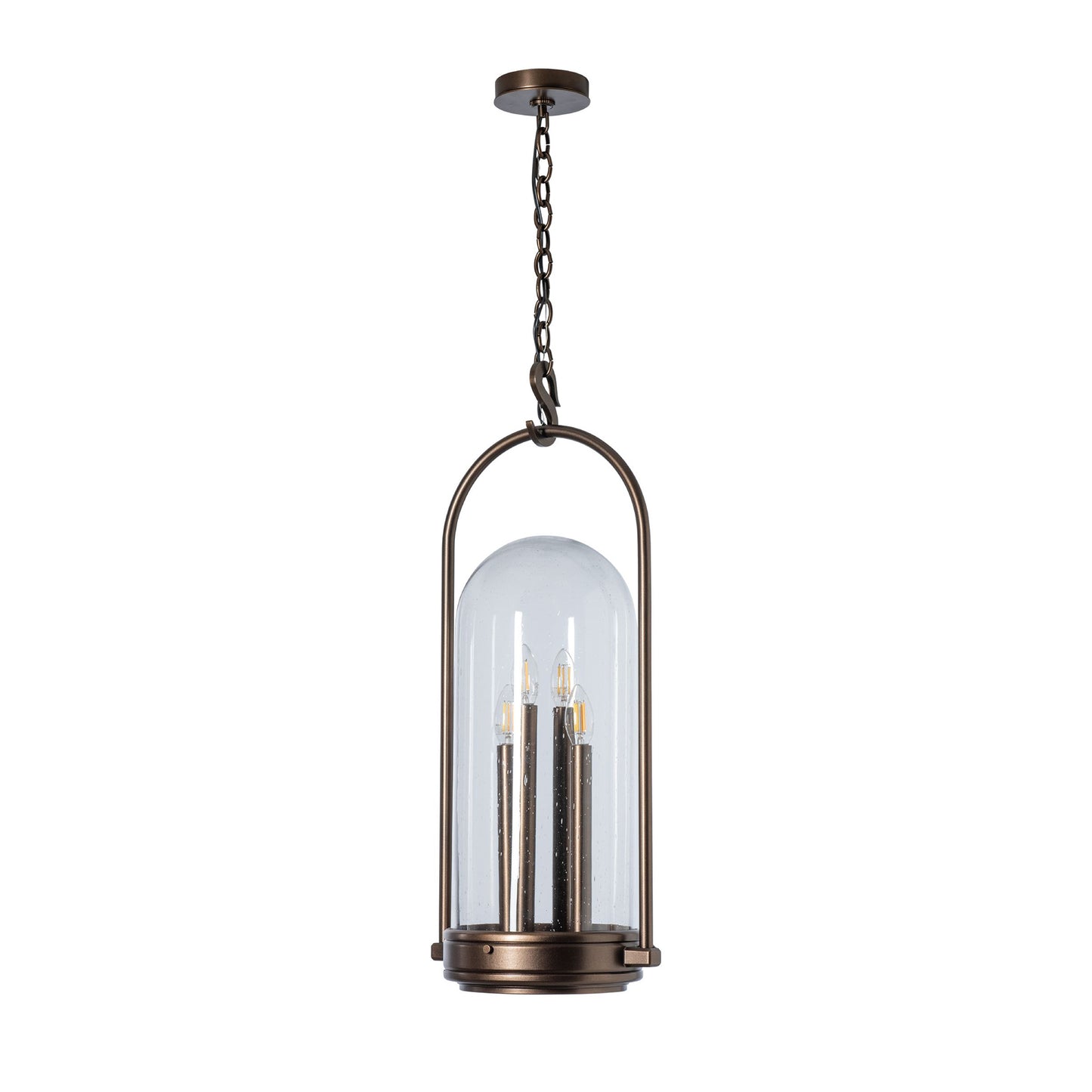 Davis Outdoor Lantern by Hubbardton Forge, crafted from hand-forged steel with a dome glass cover and three candle-style bulbs, showcasing elegant American-made design.