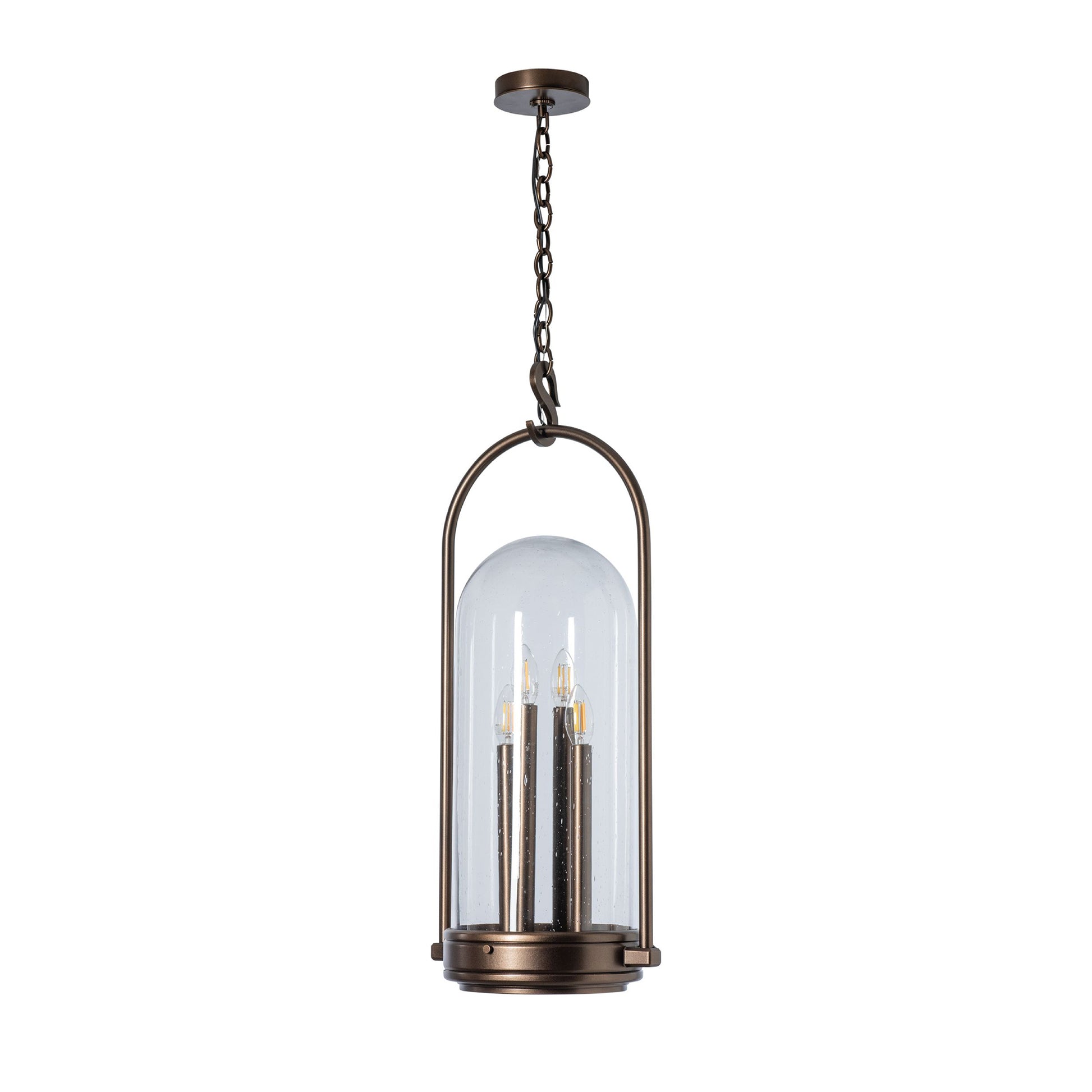 Davis Outdoor Lantern by Hubbardton Forge, crafted from hand-forged steel with a dome glass cover and three candle-style bulbs, showcasing elegant American-made design.