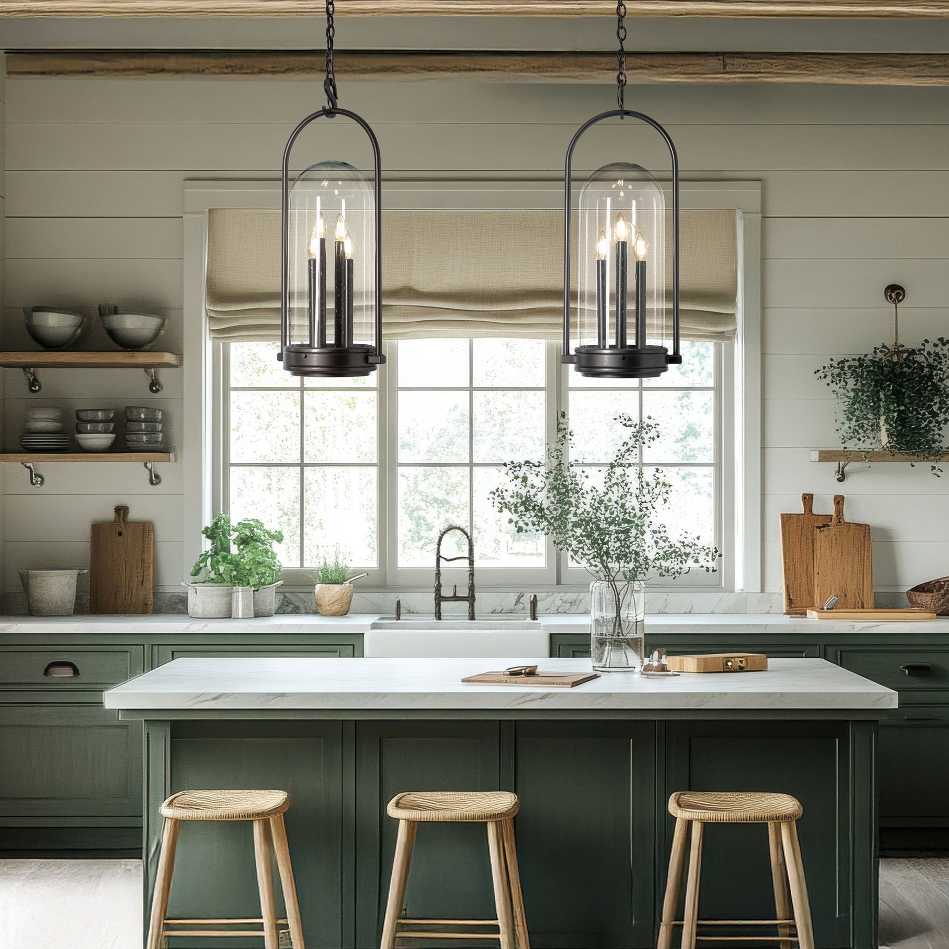 Three wooden counter stools positioned at a white kitchen island, showcasing American craftsmanship and quality design.