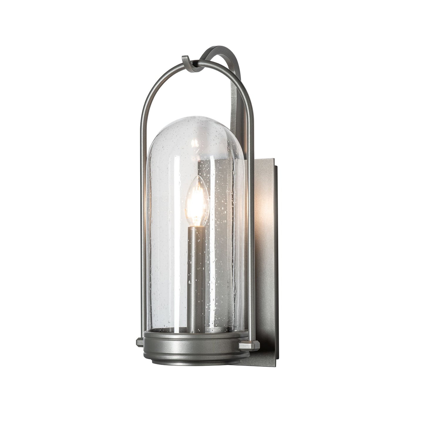 Davis Small Outdoor Sconce by Hubbardton Forge with a hand-forged steel base, clear glass dome, and exposed bulb, showcasing fine American craftsmanship.
