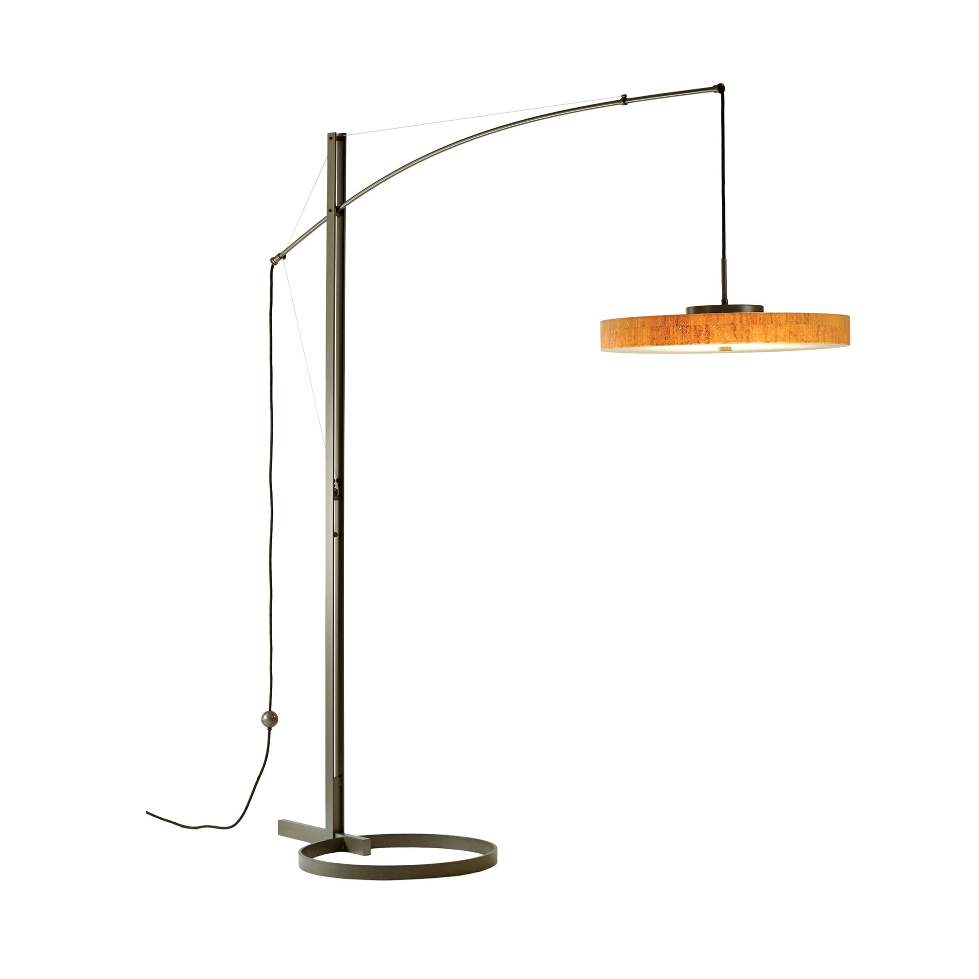 Hubbardton Forge's Disq Arc Floor Lamp, a handcrafted lighting innovation, combines a modern floor lamp with a wooden shade.