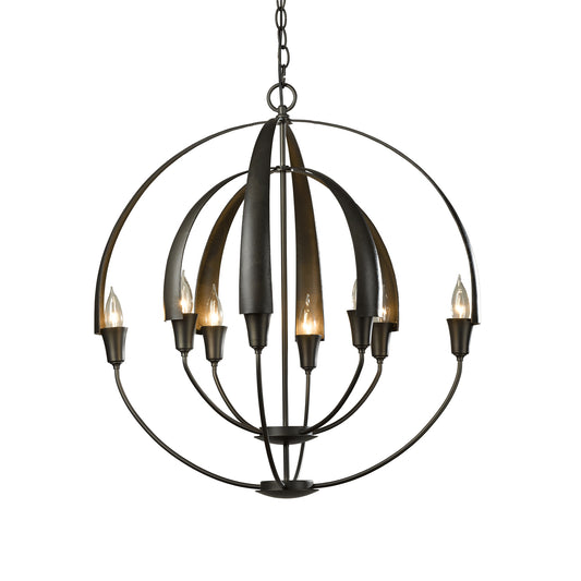 The Hubbardton Forge Double Cirque Chandelier features a metal frame adorned with candle lights.