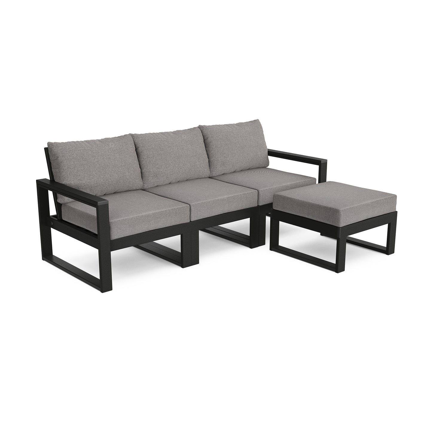 A black POLYWOOD sectional sofa with grey cushions and ottoman, perfect for outdoor furniture.