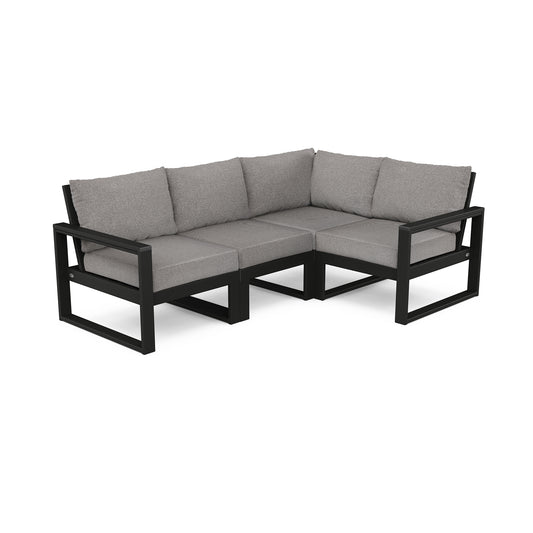 L-shaped POLYWOOD® EDGE 4-Piece Modular Deep Seating Set outdoor sectional sofa with a sleek black frame and light gray cushions, isolated on a white background.