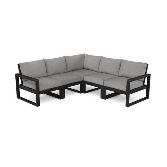 L-shaped POLYWOOD EDGE 5-Piece Modular Deep Seating Set with black frames and light gray cushions on a white background.