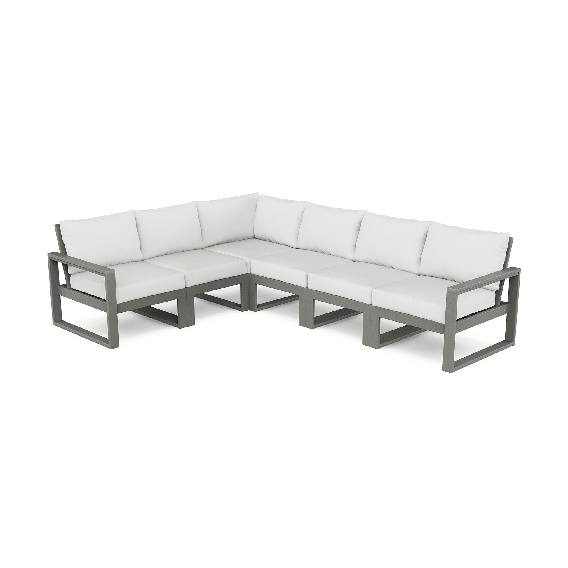 A modern l-shaped POLYWOOD EDGE 6-Piece Modular Deep Seating Set with a gray metal frame and white cushions, isolated on a white background.