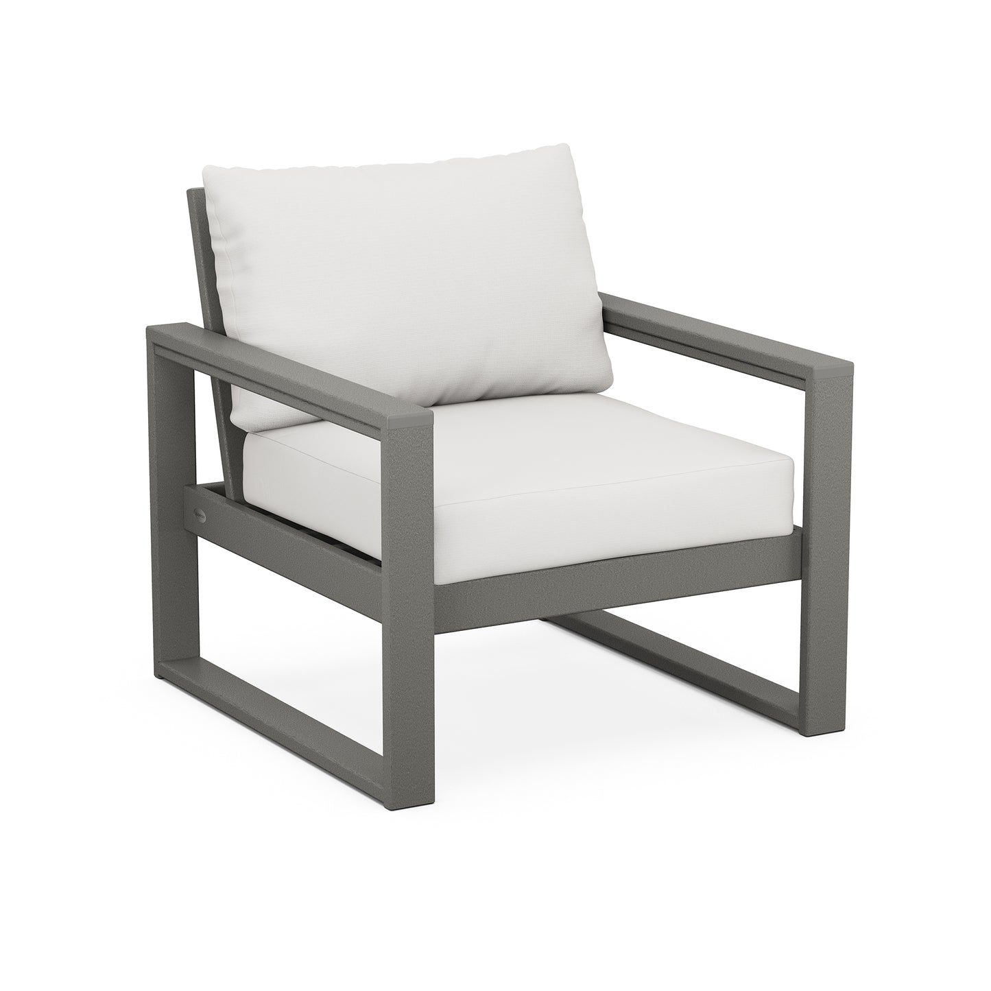 Contemporary outdoor armchair with a minimalist gray frame and white cushions, isolated on a white background - POLYWOOD EDGE Club Chair from POLYWOOD.