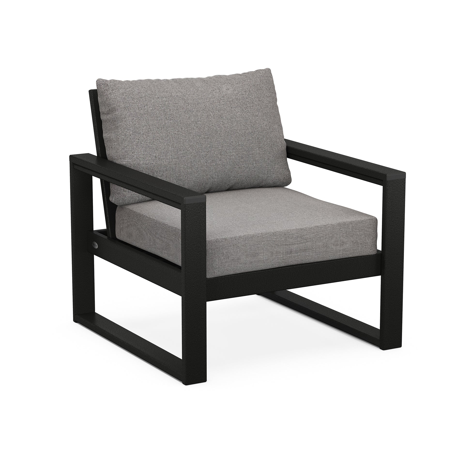 A modern POLYWOOD EDGE Club Chair with a black frame and light gray cushions, shown on a white background. The design features clean lines and a minimalist style.