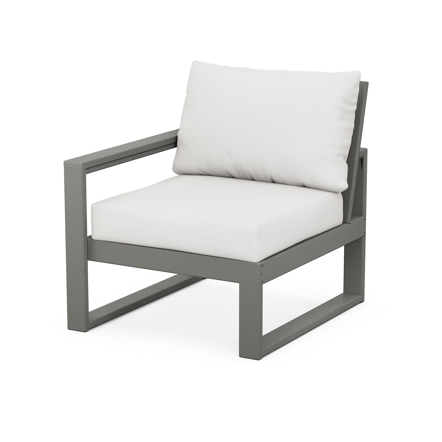 A modern outdoor armchair featuring a POLYWOOD EDGE Modular Left Arm Chair with a gray metal frame and white cushions on both the seat and back, set against a plain white background, designed with weather-resistant construction.